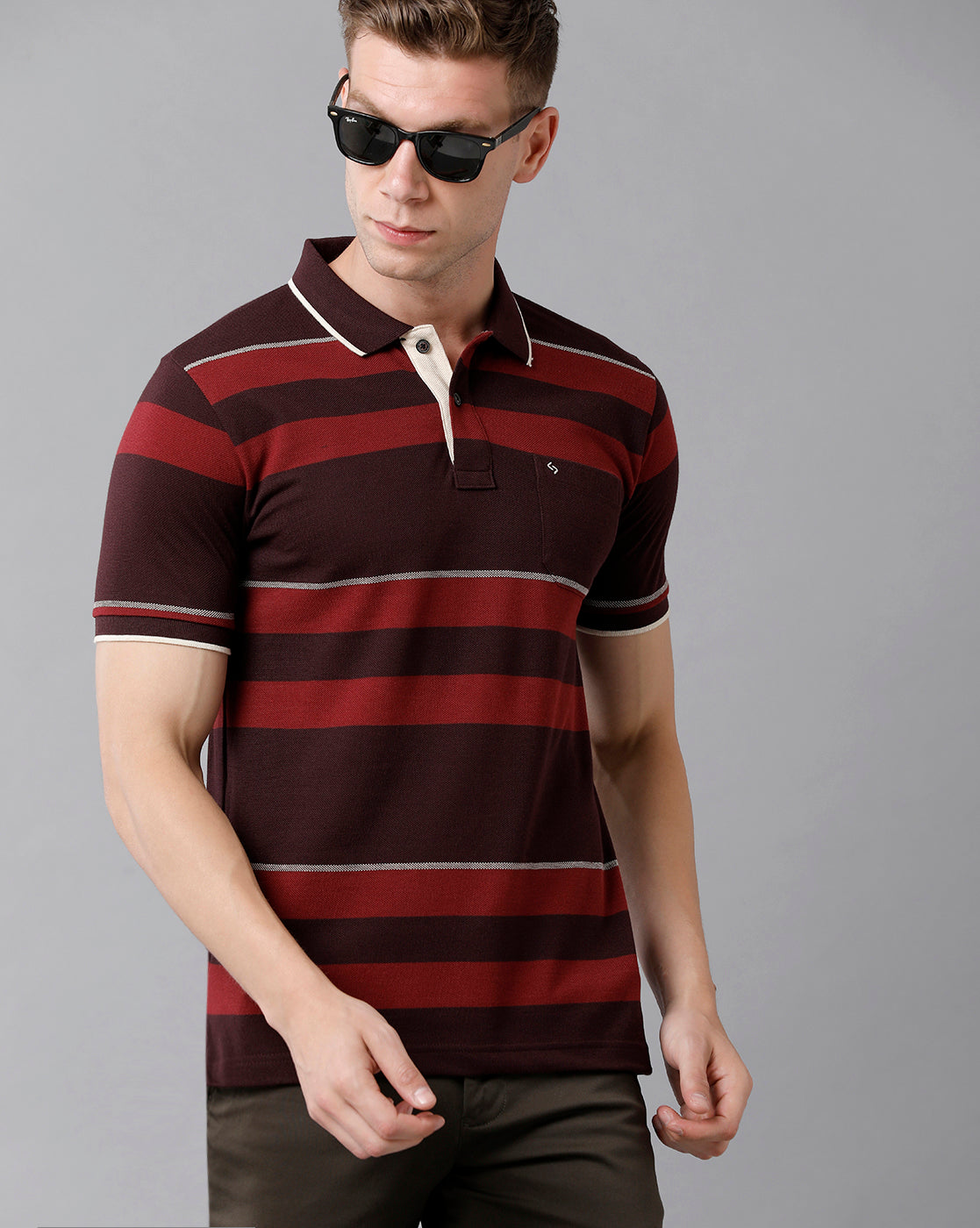 Classic Polo Men's Cotton Blend Striped Half Sleeve Slim Fit Polo Neck Multicolor T-Shirt | Adore - 178 B