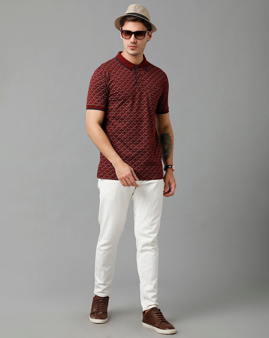 Classic Polo Men's Cotton Half Sleeve Printed Slim Fit Polo Neck Marroon Color T-Shirt | Bello - 201 A