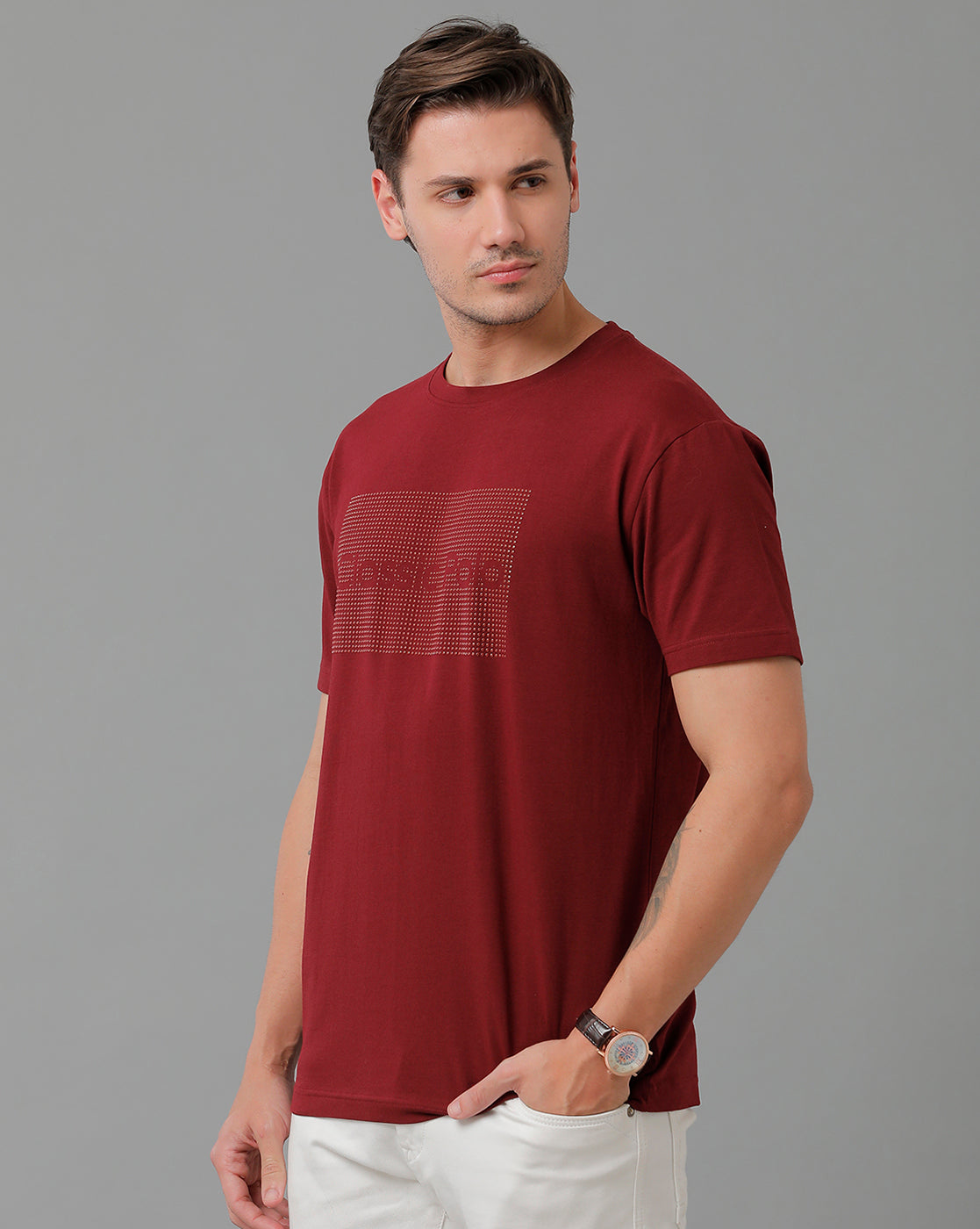 Classic Polo Men's Cotton Half Sleeve Printed Slim Fit Round Neck Marroon Color T-Shirt | Baleno - 520 B