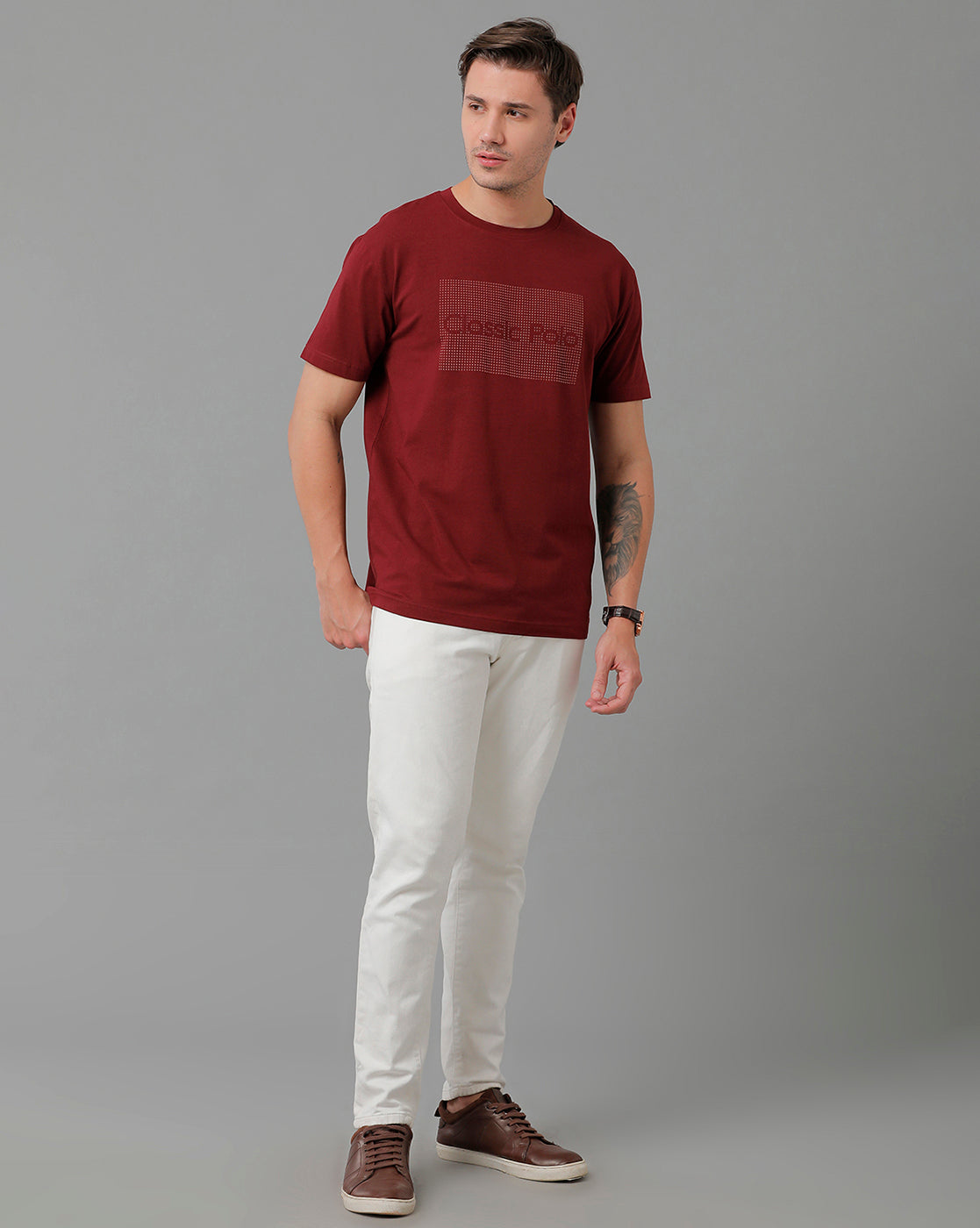 Classic Polo Men's Cotton Half Sleeve Printed Slim Fit Round Neck Marroon Color T-Shirt | Baleno - 520 B