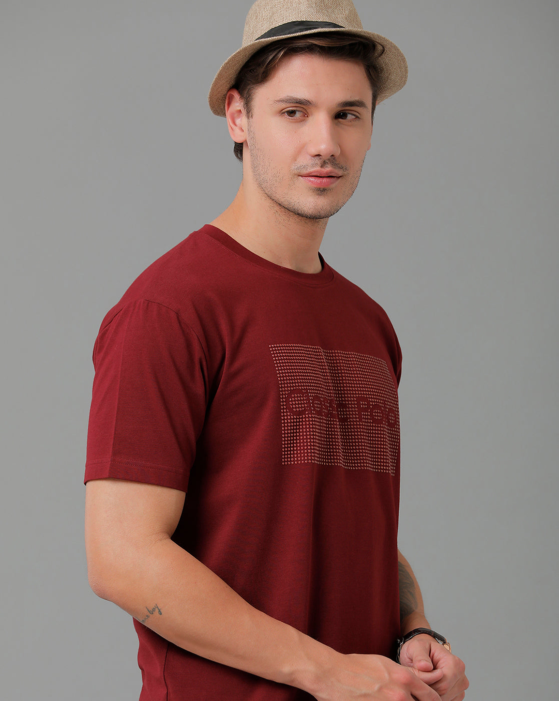 Classic Polo Men's Cotton Half Sleeve Printed Slim Fit Round Neck Marroon Color T-Shirt | Baleno - 520 B