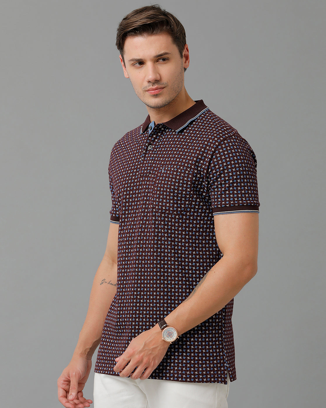 Classic Polo Men's Cotton Half Sleeve Printed Slim Fit Polo Neck Brown Color T-Shirt | Beau - 203 B
