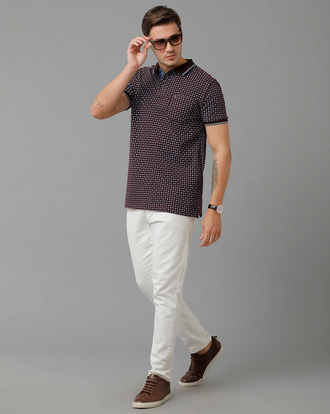 Classic Polo Men's Cotton Half Sleeve Printed Slim Fit Polo Neck Brown Color T-Shirt | Beau - 203 B