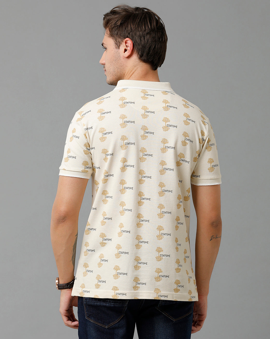 Classic Polo Men's Cotton Half Sleeve Printed Slim Fit Polo Neck Cream Color T-Shirt | Beau - 197 B