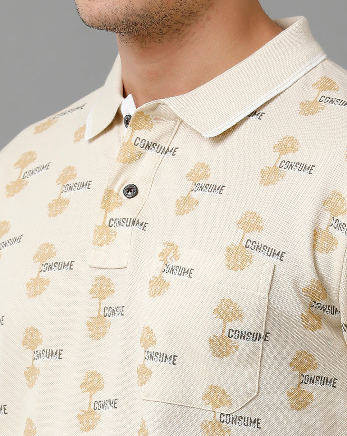 Classic Polo Men's Cotton Half Sleeve Printed Slim Fit Polo Neck Cream Color T-Shirt | Beau - 197 B