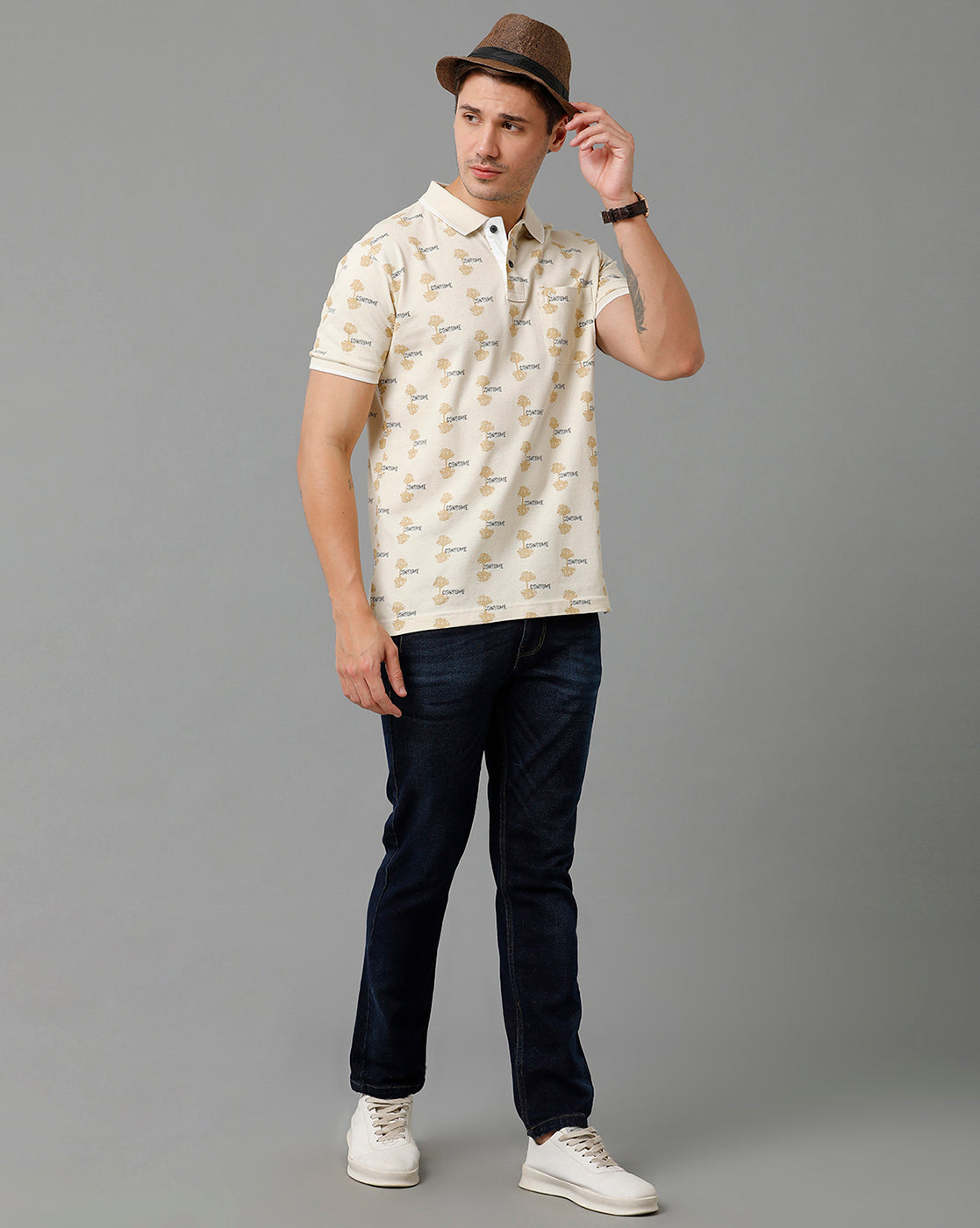 Classic Polo Men's Cotton Half Sleeve Printed Slim Fit Polo Neck Cream Color T-Shirt | Beau - 197 B