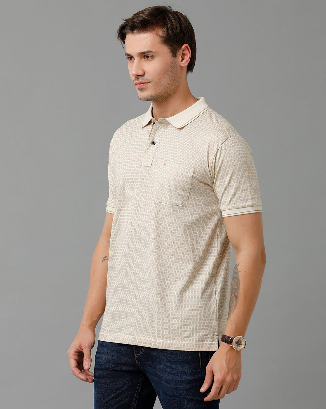 Classic Polo Men's Cotton Half Sleeve Printed Slim Fit Polo Neck Cream Color T-Shirt | Bello - 192 A