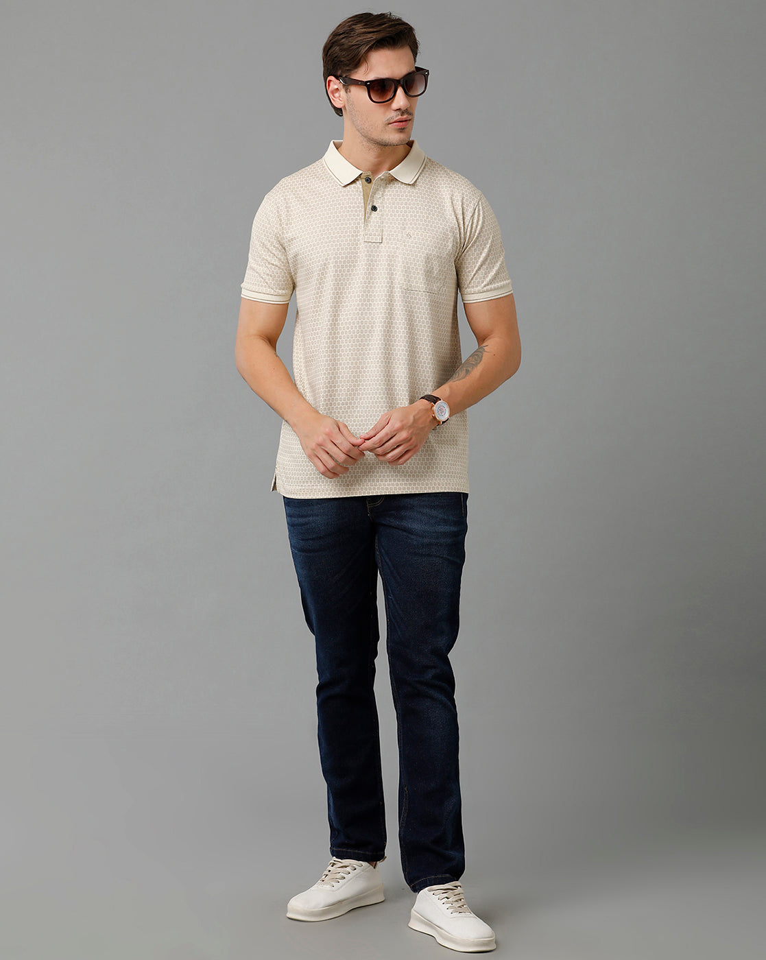 Classic Polo Men's Cotton Half Sleeve Printed Slim Fit Polo Neck Cream Color T-Shirt | Bello - 192 A