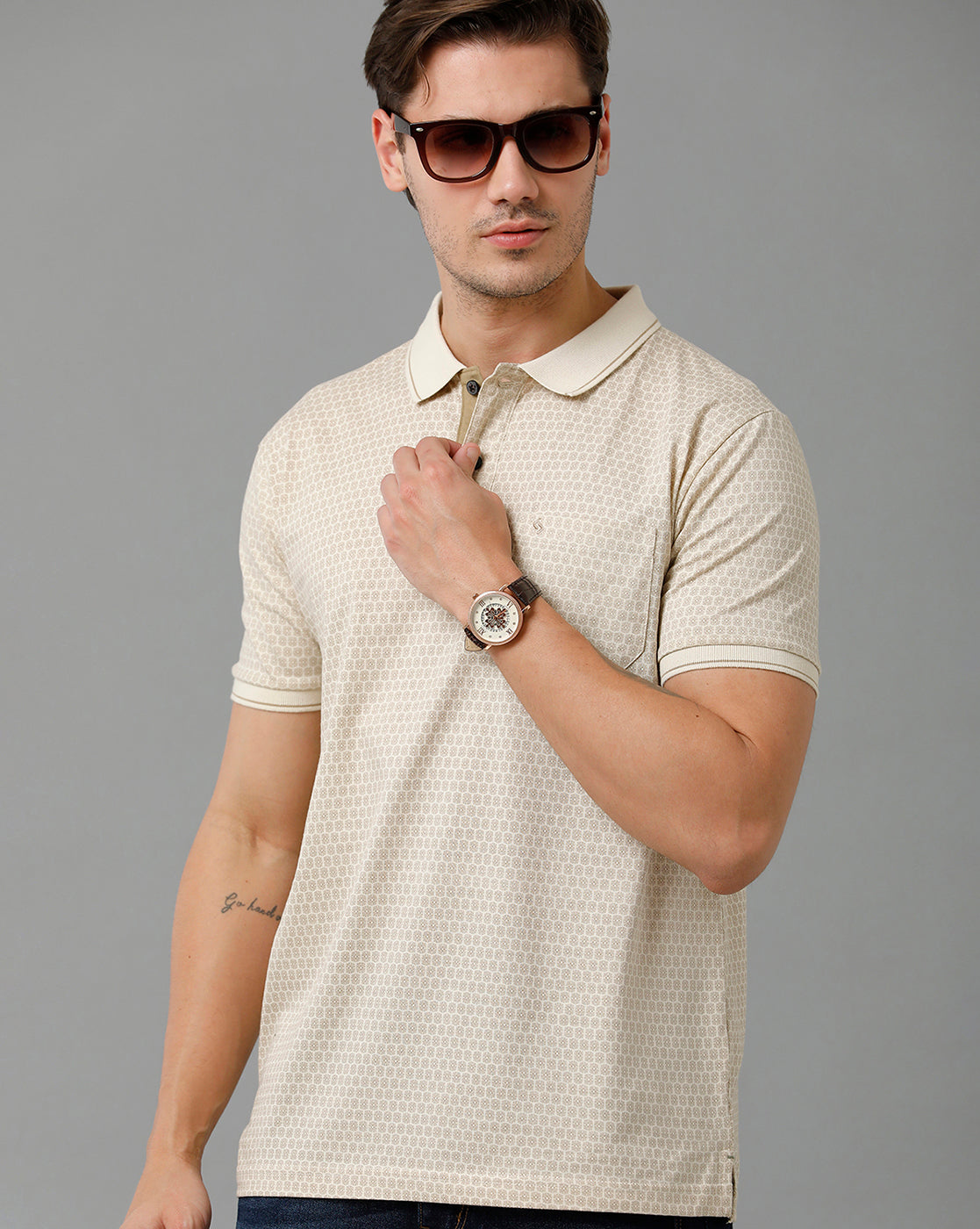 Classic Polo Men's Cotton Half Sleeve Printed Slim Fit Polo Neck Cream Color T-Shirt | Bello - 192 A