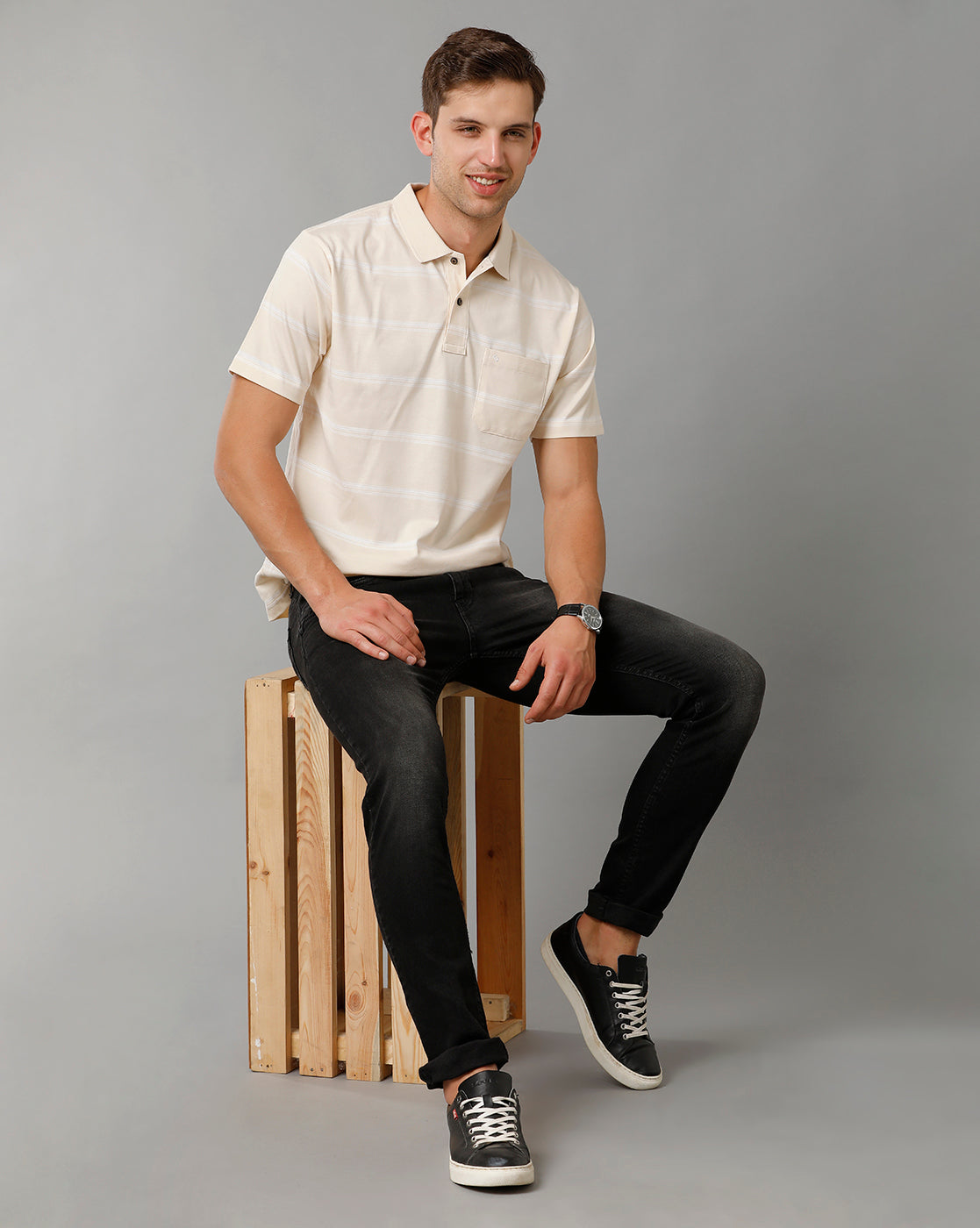 Classic Polo Men's Striped Cream Cotton Half Sleeve T-Shirt | AVON - 556 B AF P