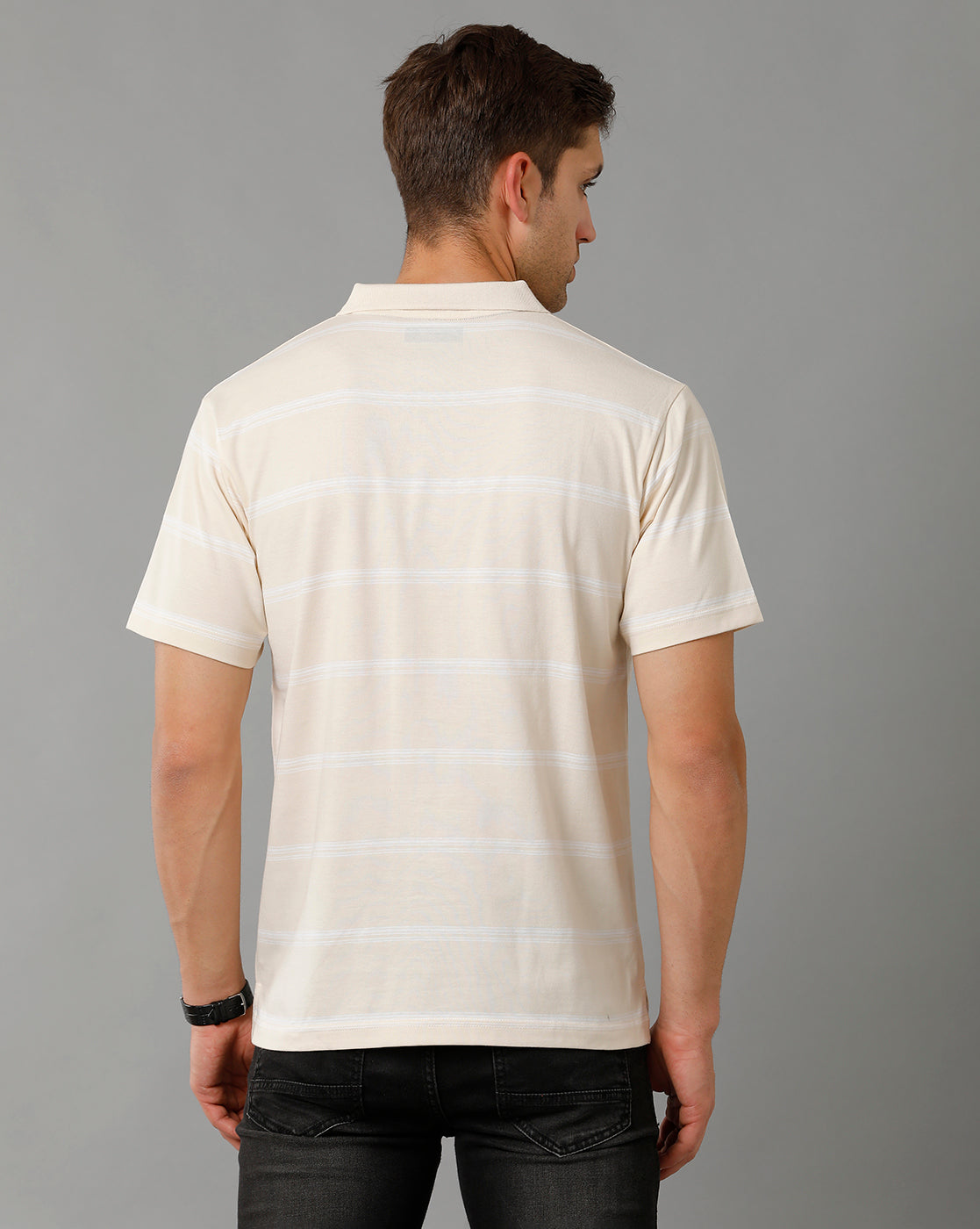 Classic Polo Men's Striped Cream Cotton Half Sleeve T-Shirt | AVON - 556 B AF P