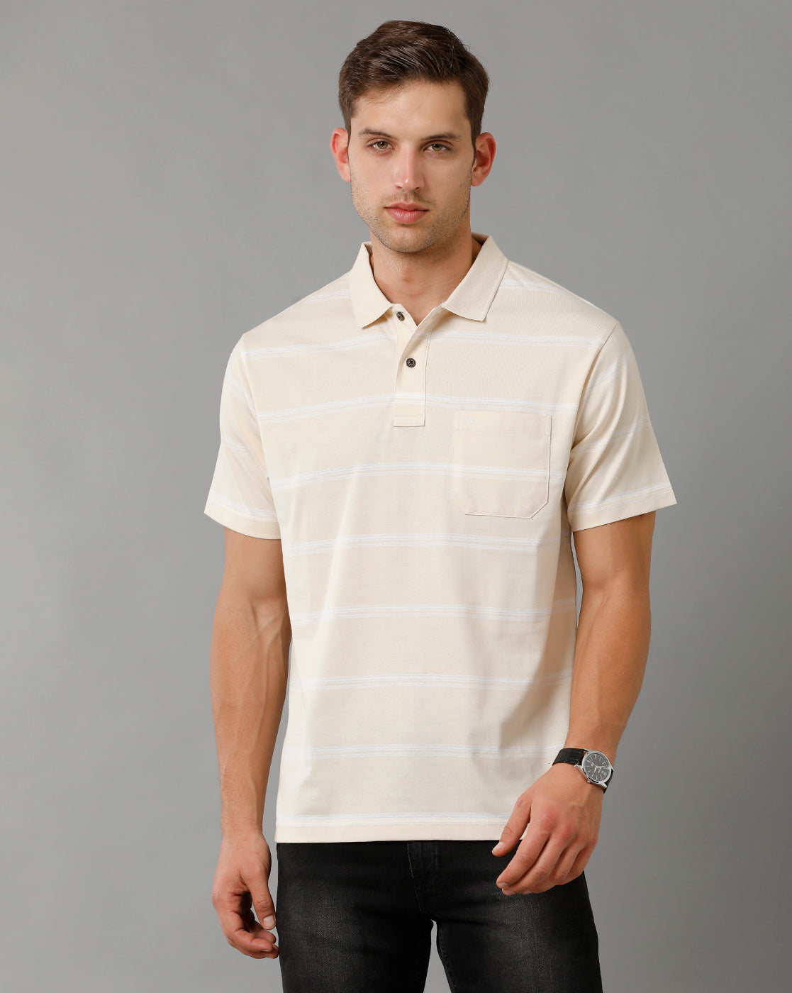 Classic Polo Men's Striped Cream Cotton Half Sleeve T-Shirt | AVON - 556 B AF P