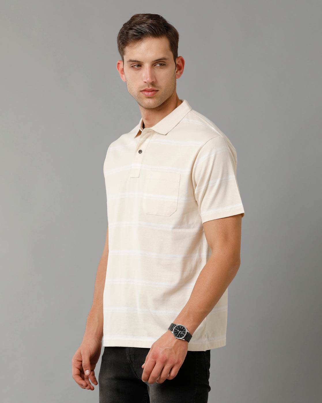 Classic Polo Men's Striped Cream Cotton Half Sleeve T-Shirt | AVON - 556 B AF P