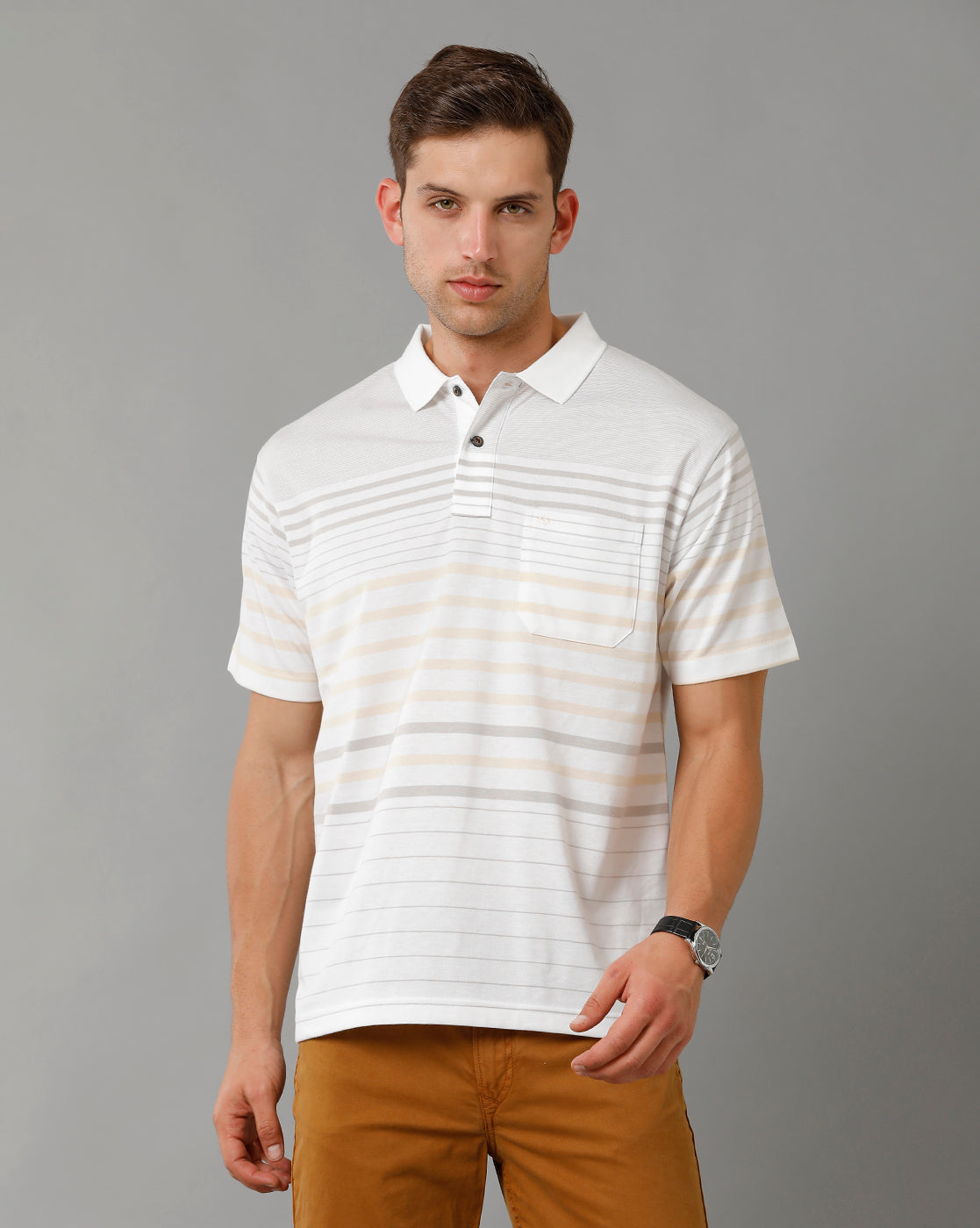 Classic Polo Men's Striped White Cotton Half Sleeve T-Shirt | AVON - 561 A AF P