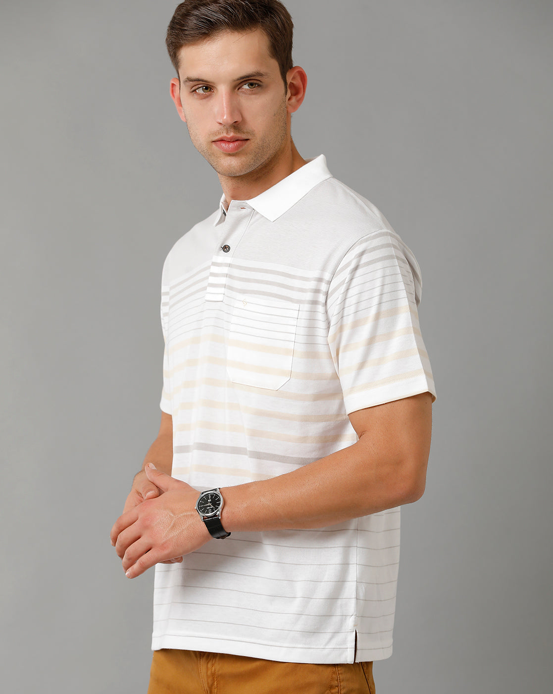 Classic Polo Men's Striped White Cotton Half Sleeve T-Shirt | AVON - 561 A AF P