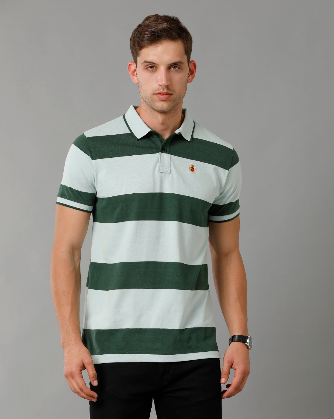 Classic Polo Men's Striped Green Cotton Half Sleeve T-Shirt | CPEG - 325 A SF P