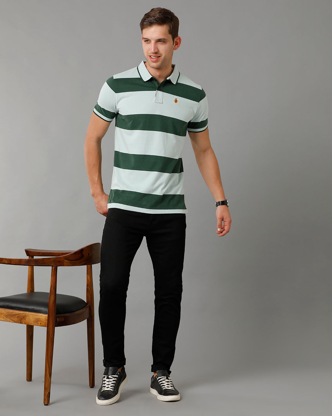 Classic Polo Men's Striped Green Cotton Half Sleeve T-Shirt | CPEG - 325 A SF P