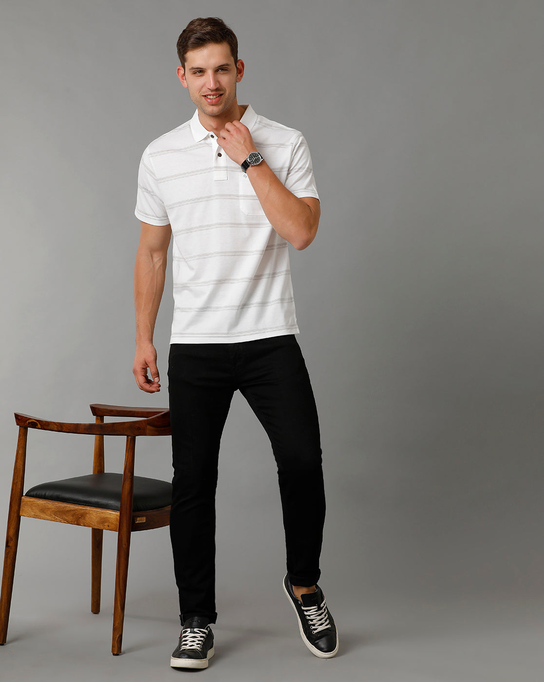 Classic Polo Men's Striped White Cotton Half Sleeve T-Shirt | AVON - 556 A AF P