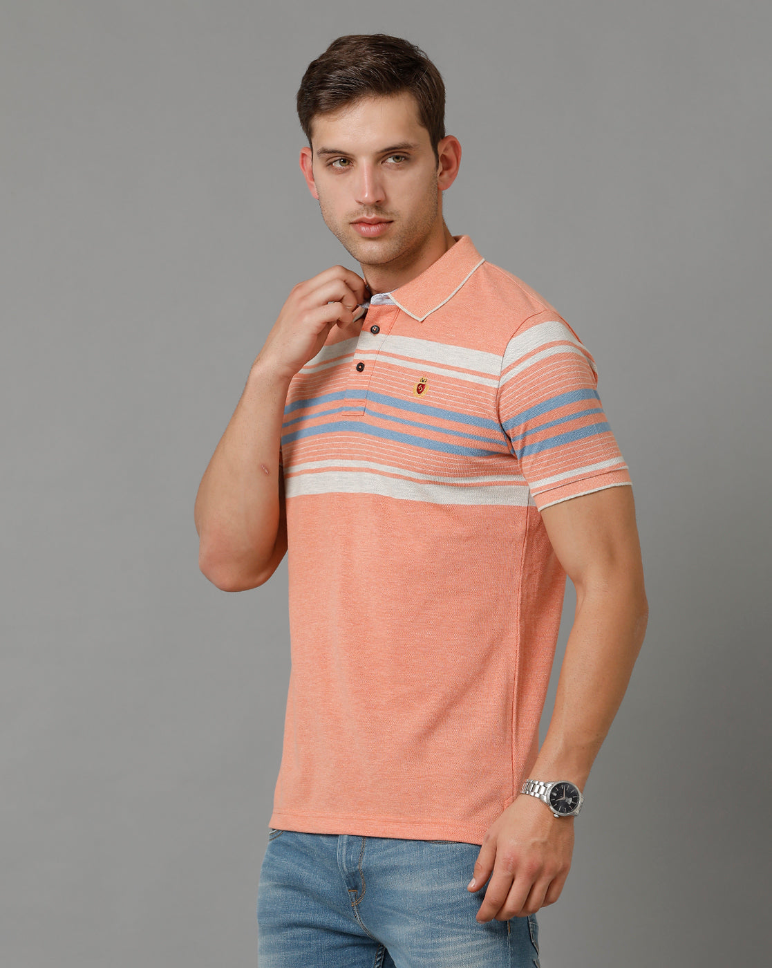 Classic Polo Men's Striped Peach Cotton Half Sleeve T-Shirt | VTA - 264 B SF P