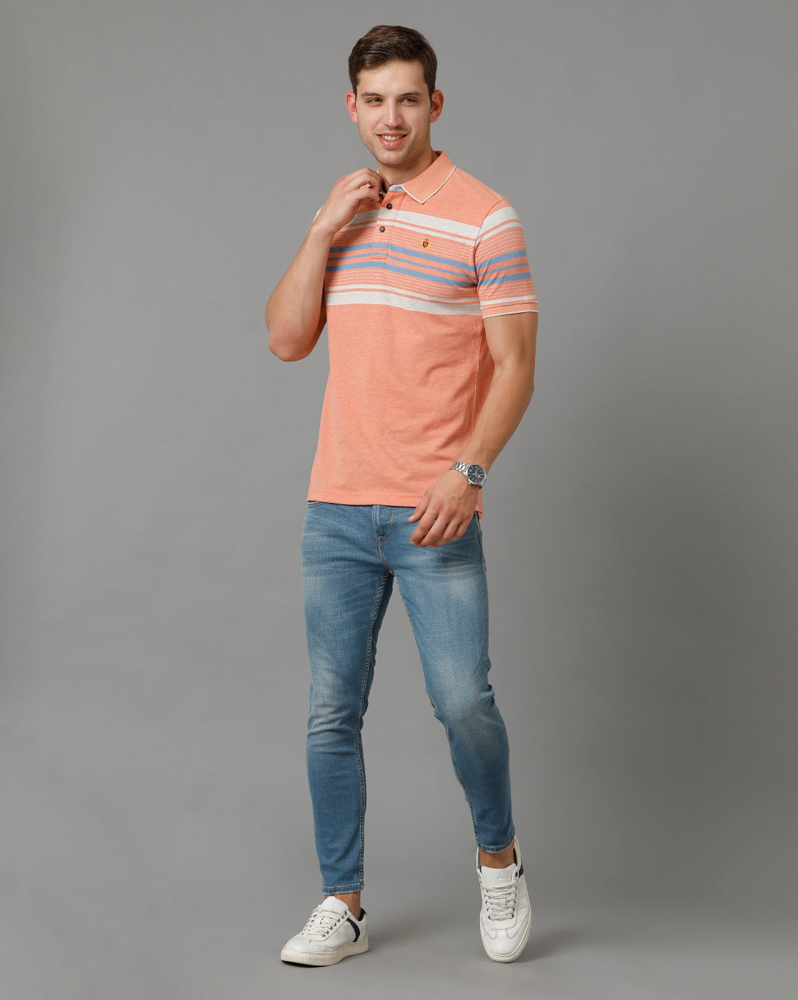 Classic Polo Men's Striped Peach Cotton Half Sleeve T-Shirt | VTA - 264 B SF P