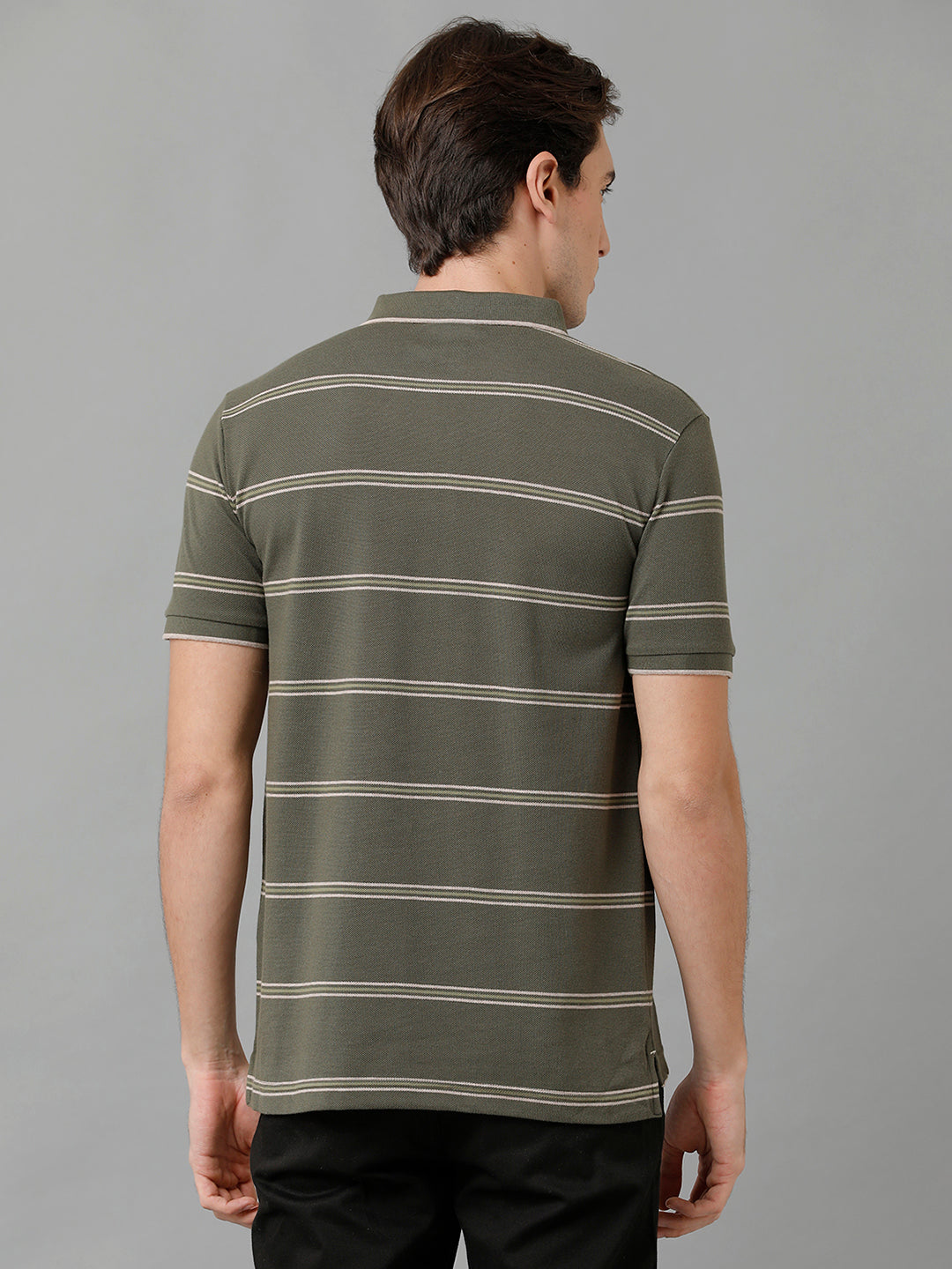 Classic Polo Men's Cotton Blend Striped Half Sleeve Slim Fit Polo Neck Olive Color T-Shirt | Adore - 198 A
