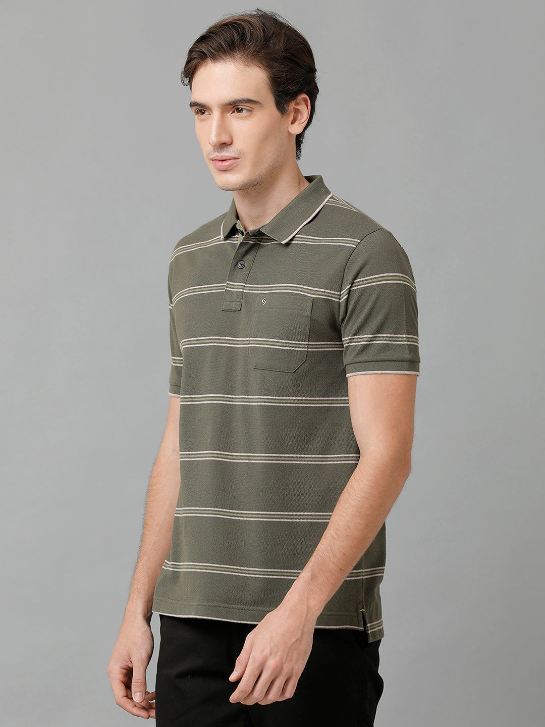 Classic Polo Men's Cotton Blend Striped Half Sleeve Slim Fit Polo Neck Olive Color T-Shirt | Adore - 198 A