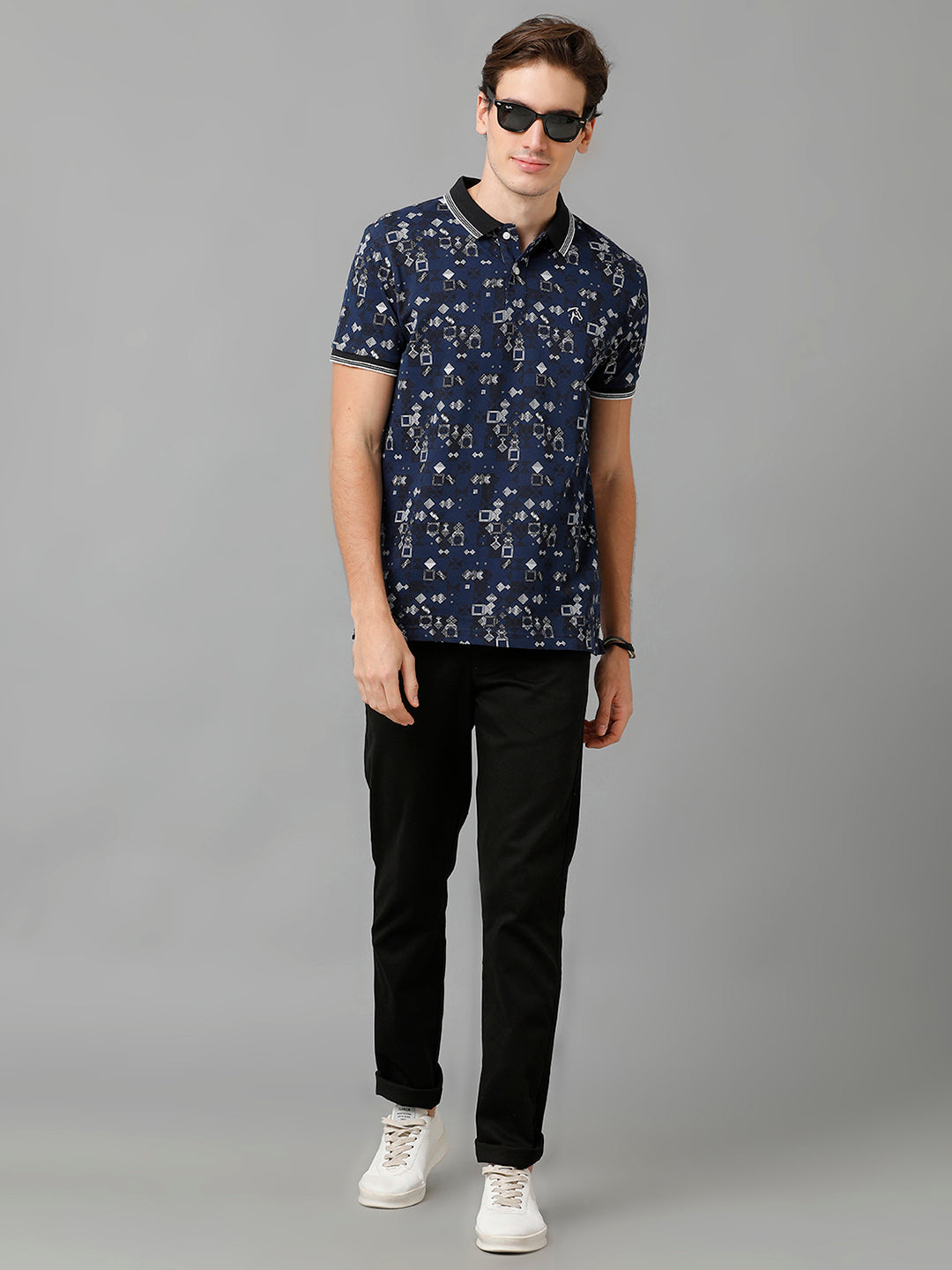 CP BRO Men's Cotton Printed Half Sleeve Slim Fit Polo Neck Navy Blue Color T-Shirt | Brp - 351 B