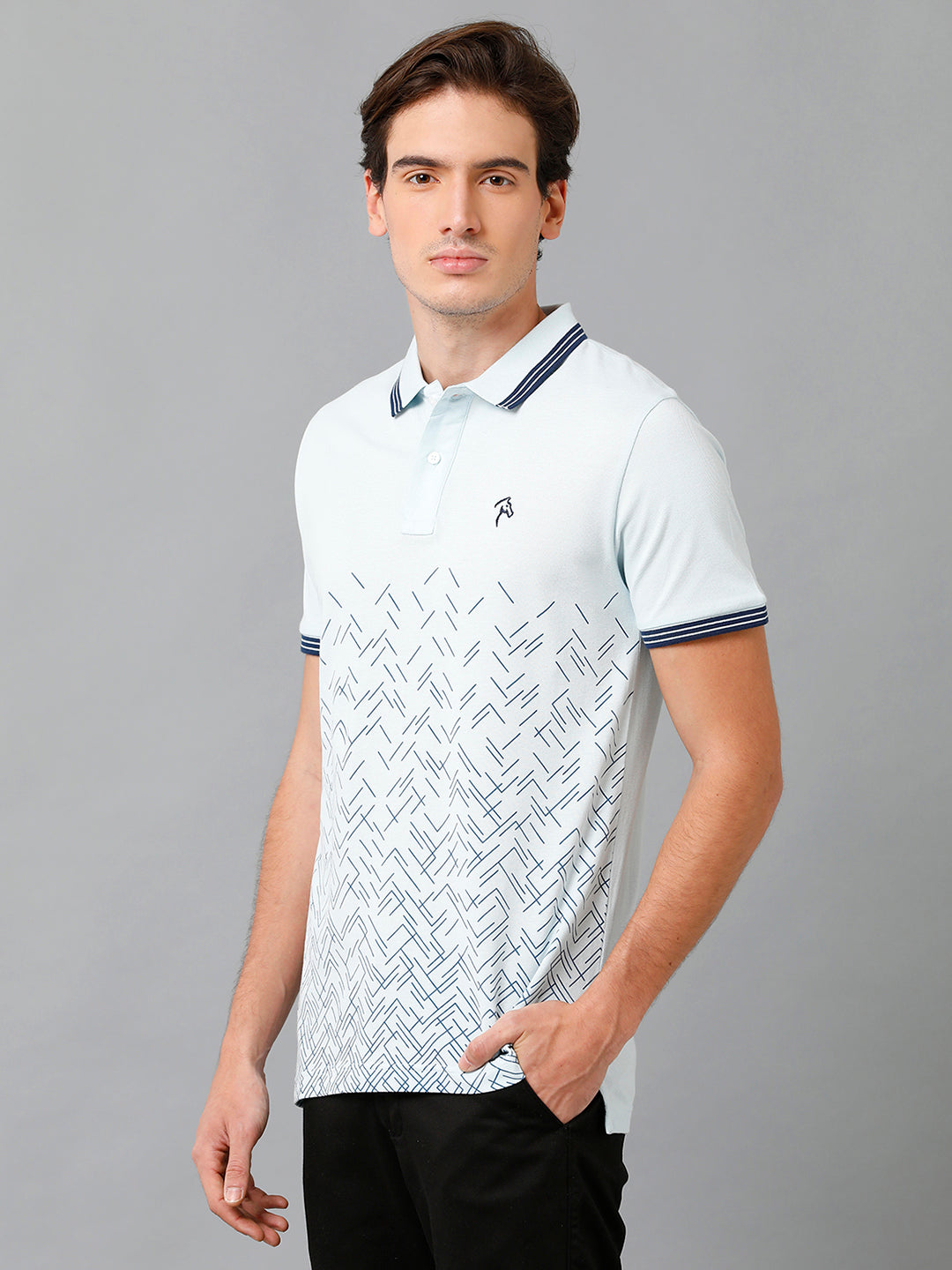 CP BRO Men's Cotton Printed Half Sleeve Slim Fit Polo Neck Light Blue Color T-Shirt | Brp - 363 A