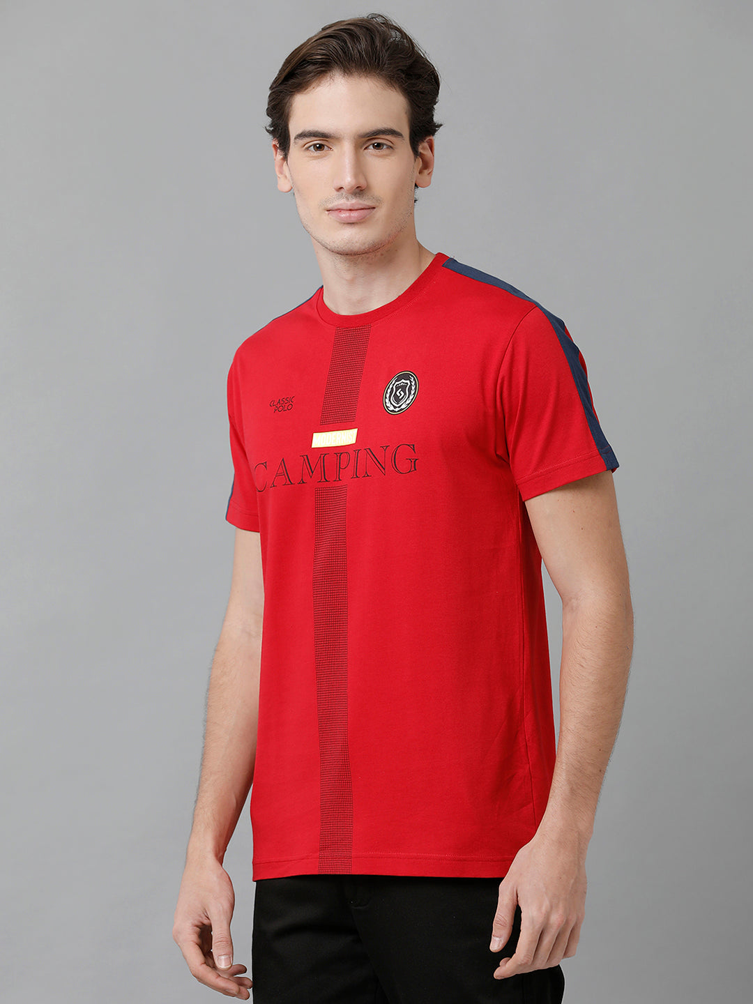Classic Polo Men's Cotton Printed Half Sleeve Slim Fit Round Neck Red Color T-Shirt | Baleno - 500 B