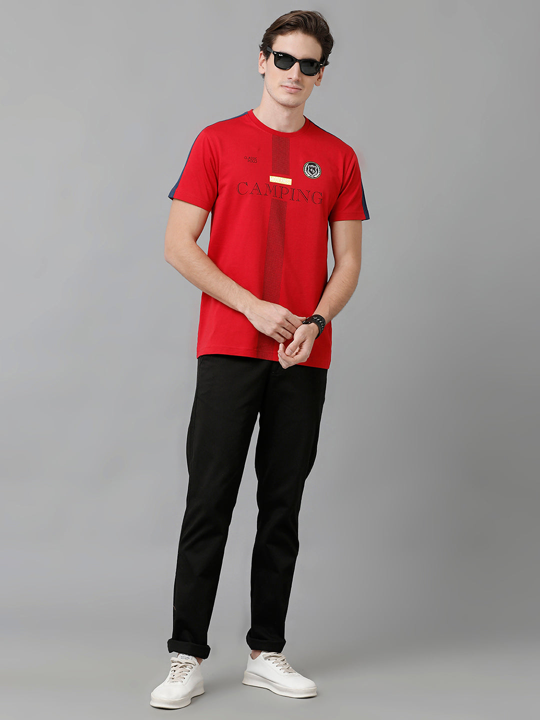 Classic Polo Men's Cotton Printed Half Sleeve Slim Fit Round Neck Red Color T-Shirt | Baleno - 500 B