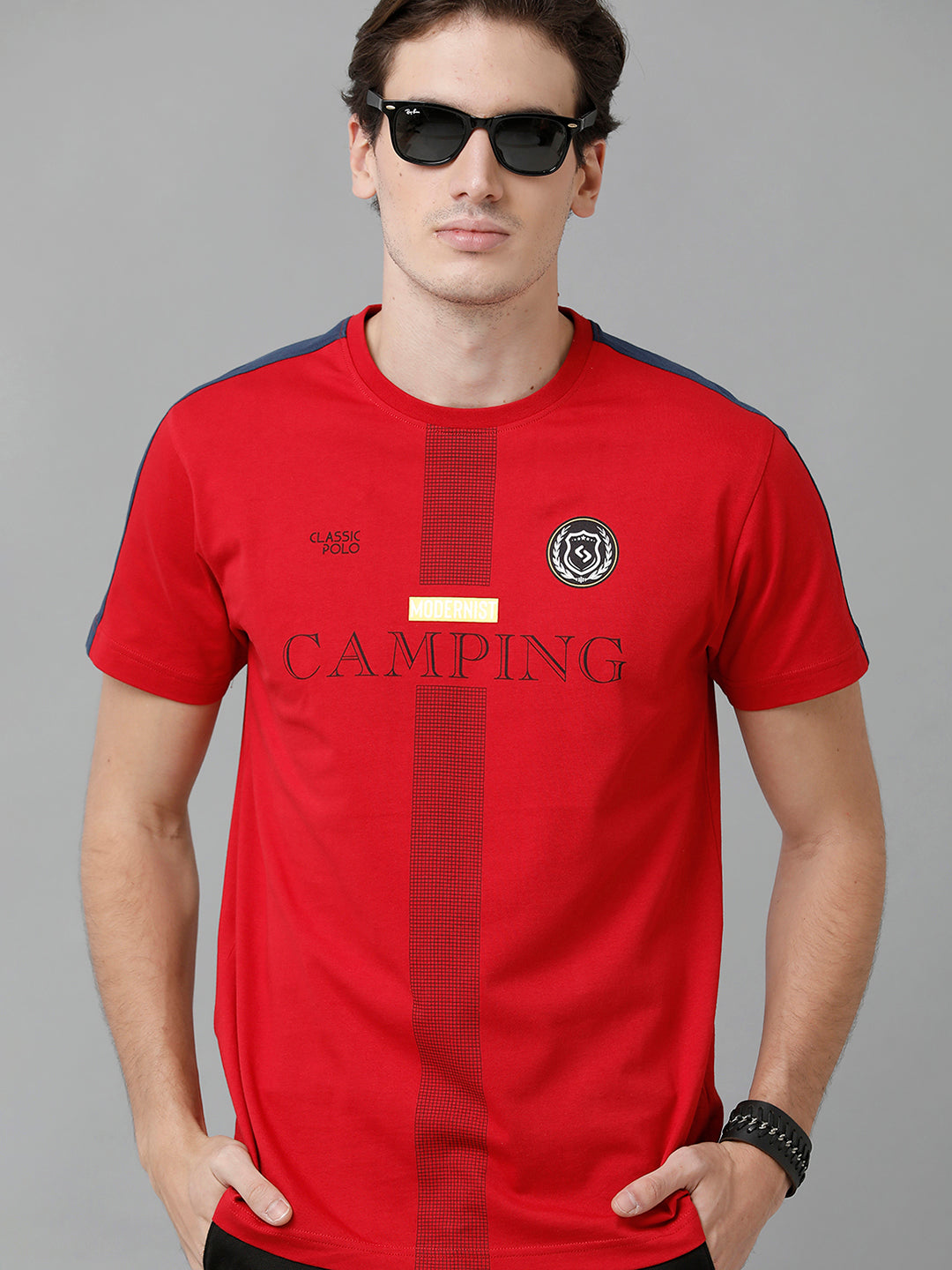 Classic Polo Men's Cotton Printed Half Sleeve Slim Fit Round Neck Red Color T-Shirt | Baleno - 500 B