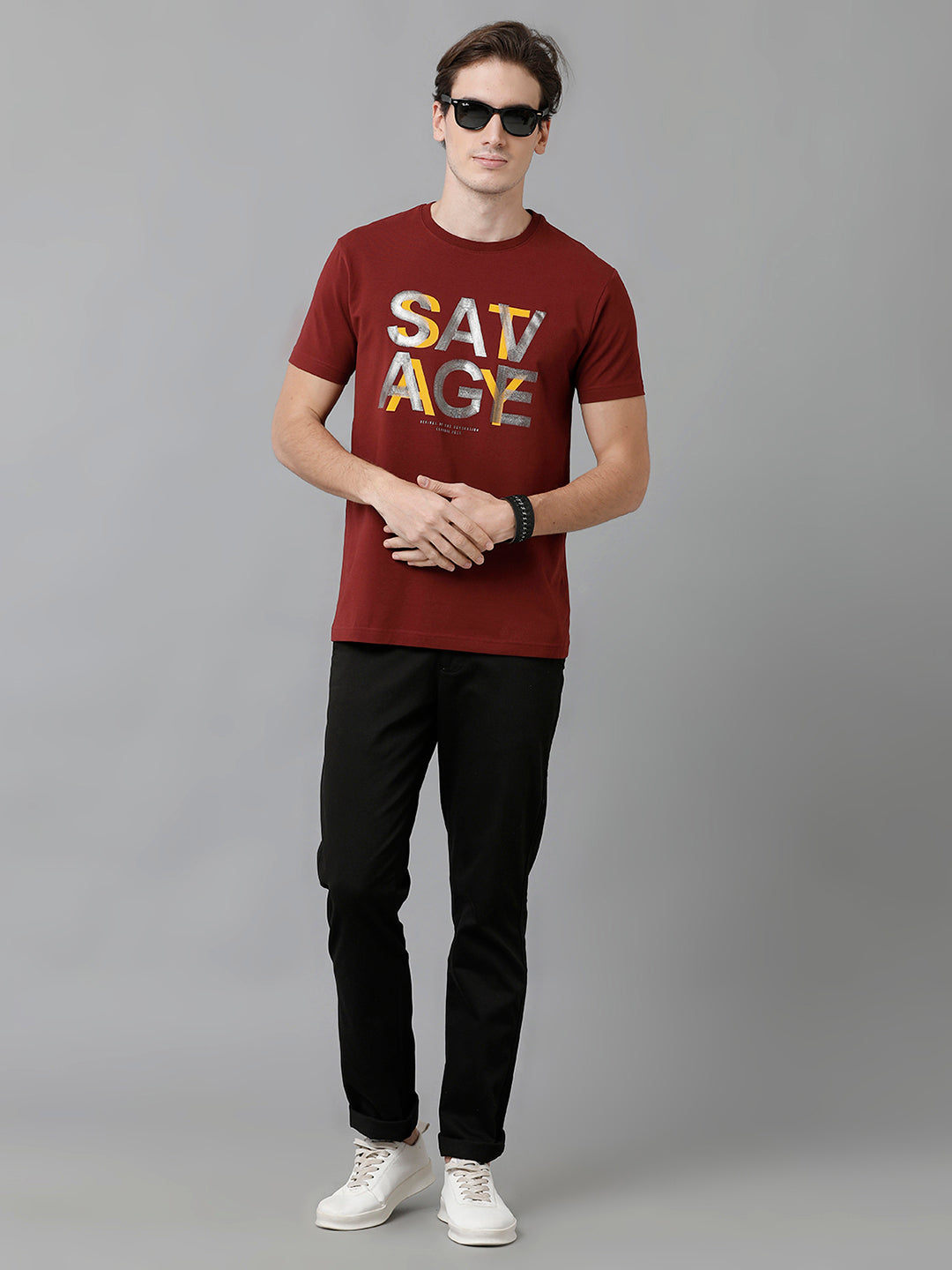 Classic Polo Men's Cotton Printed Half Sleeve Slim Fit Round Neck Maroon Color T-Shirt | Baleno - 497 A