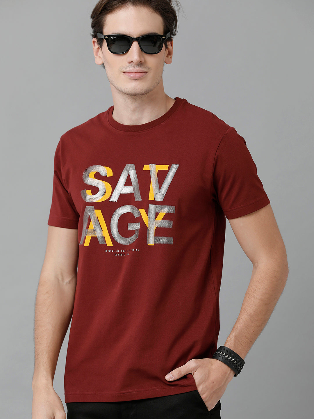 Classic Polo Men's Cotton Printed Half Sleeve Slim Fit Round Neck Maroon Color T-Shirt | Baleno - 497 A