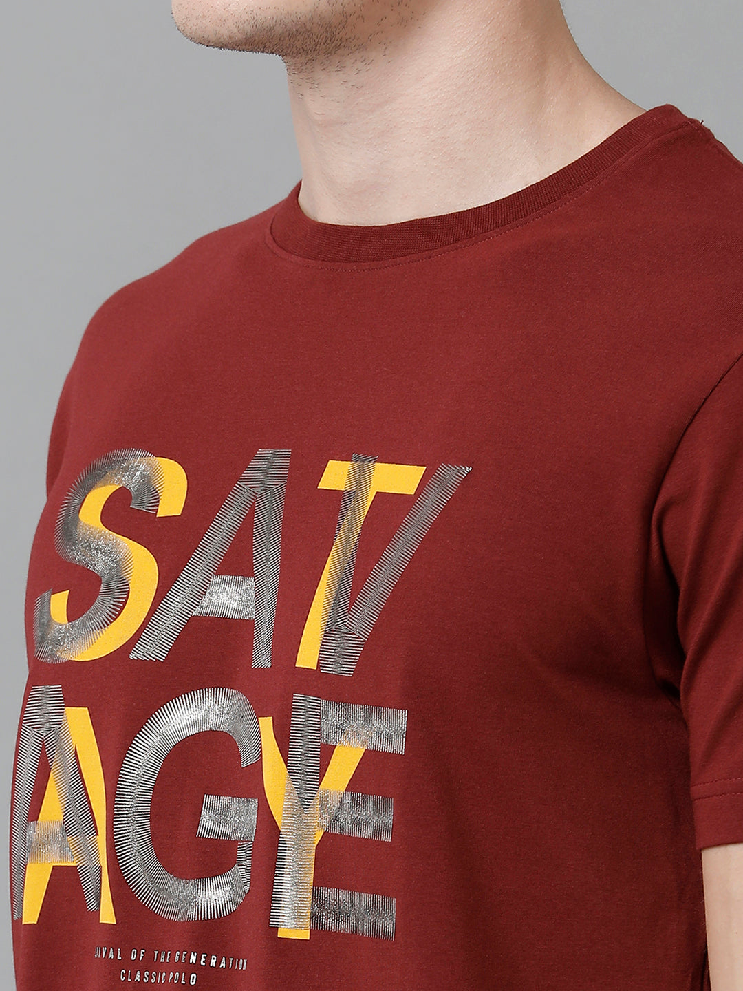 Classic Polo Men's Cotton Printed Half Sleeve Slim Fit Round Neck Maroon Color T-Shirt | Baleno - 497 A