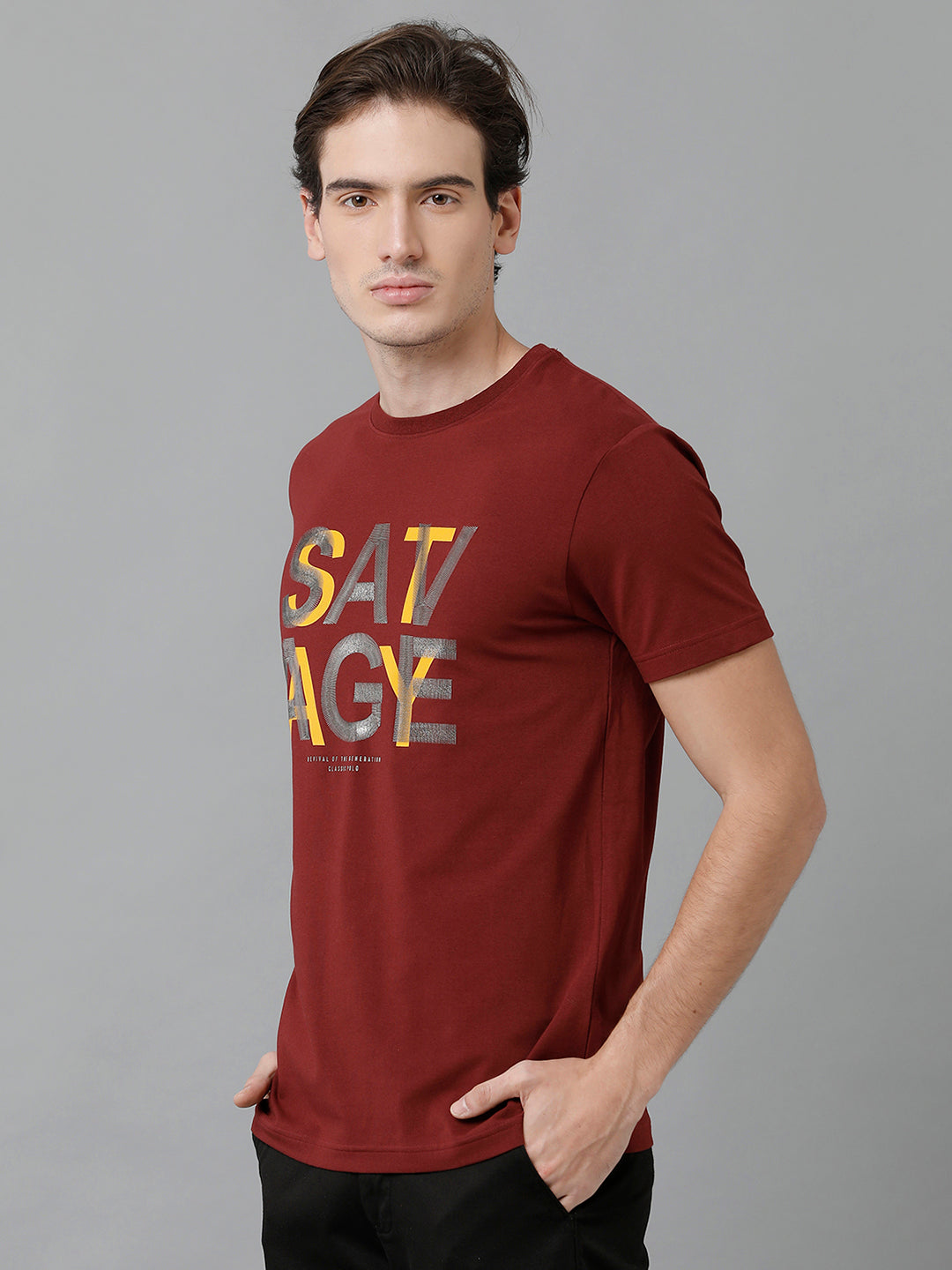 Classic Polo Men's Cotton Printed Half Sleeve Slim Fit Round Neck Maroon Color T-Shirt | Baleno - 497 A