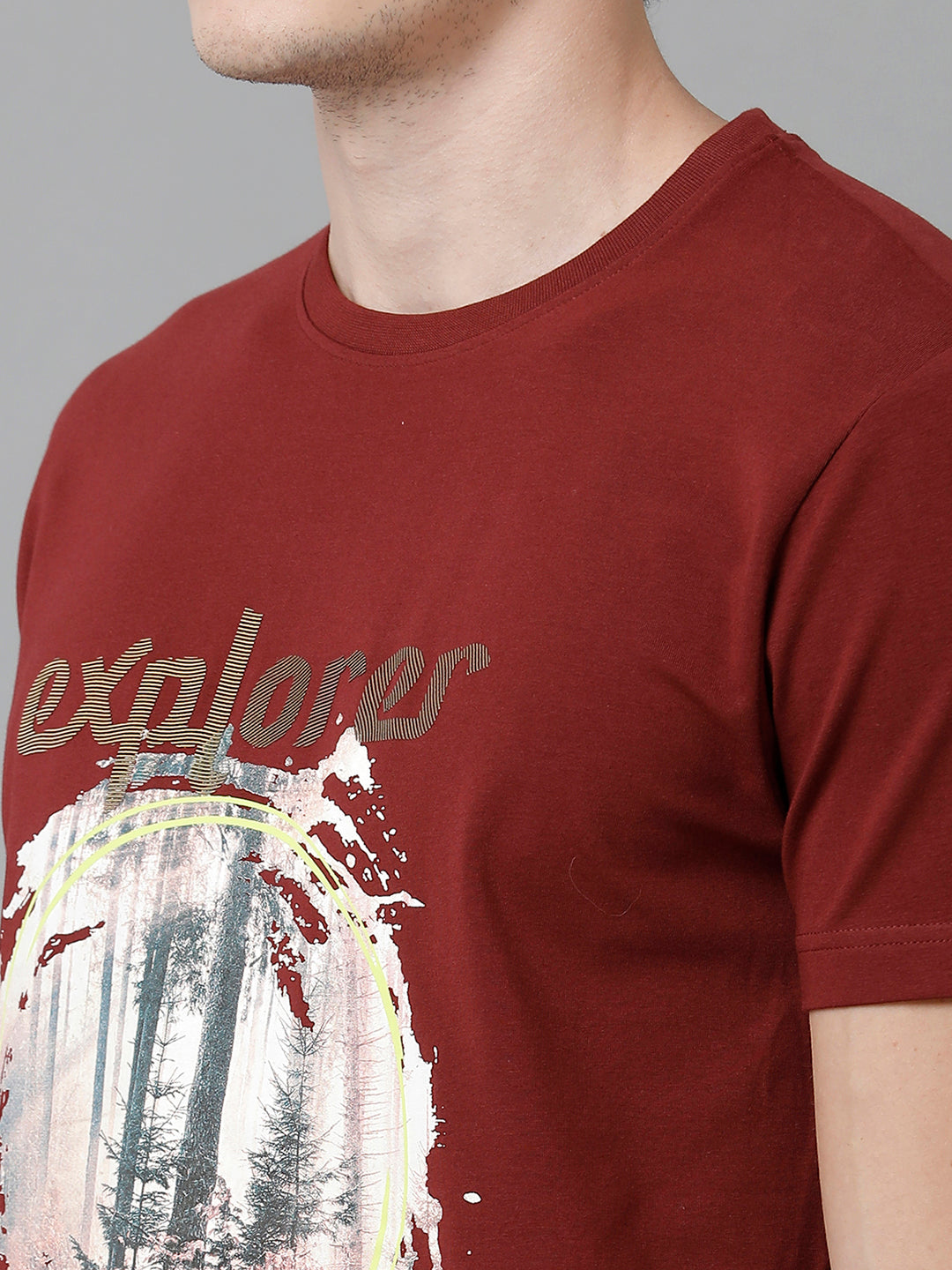 Classic Polo Men's Cotton Printed Half Sleeve Slim Fit Round Neck Maroon Color T-Shirt | Baleno - 505 B