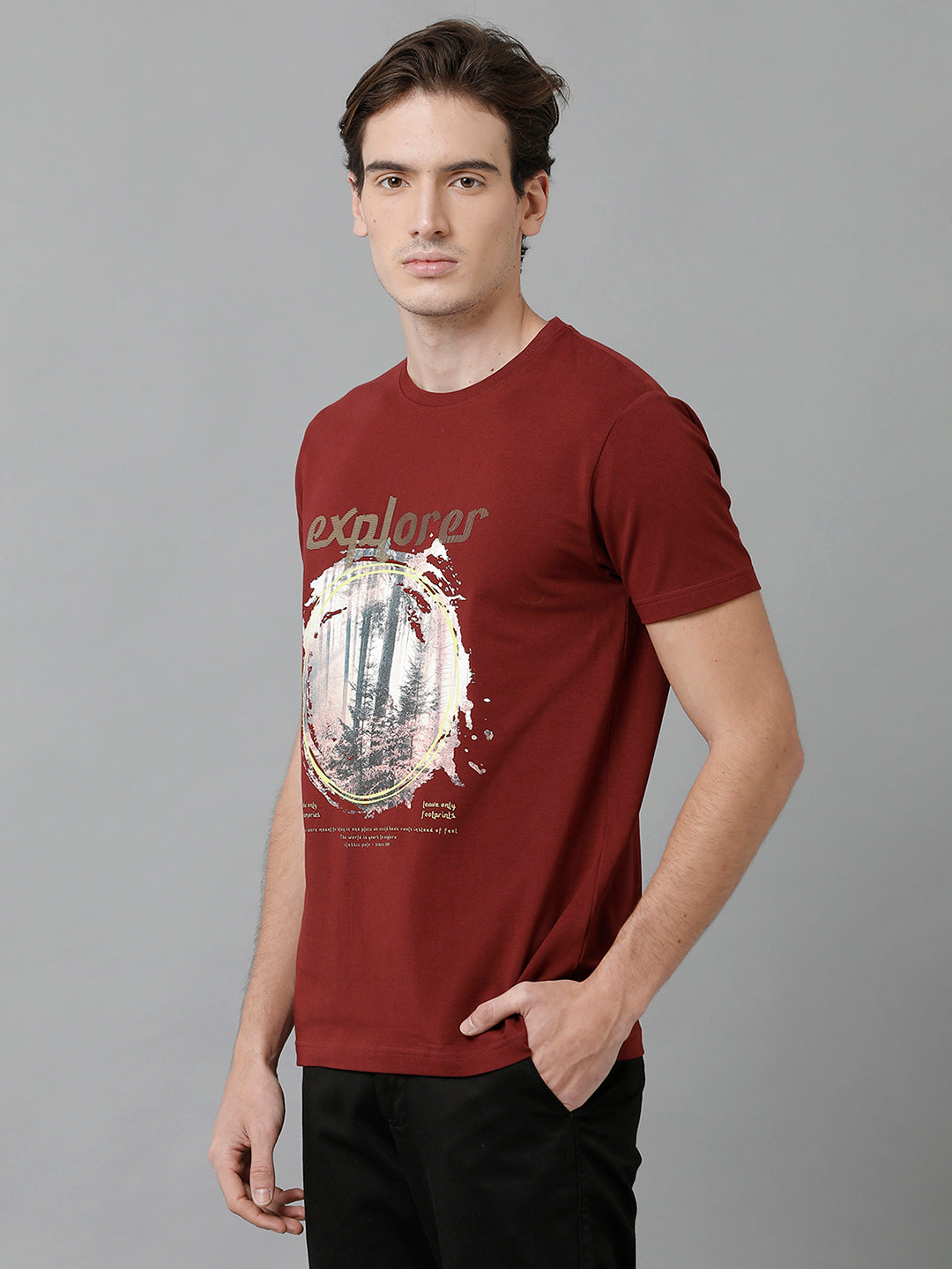 Classic Polo Men's Cotton Printed Half Sleeve Slim Fit Round Neck Maroon Color T-Shirt | Baleno - 505 B