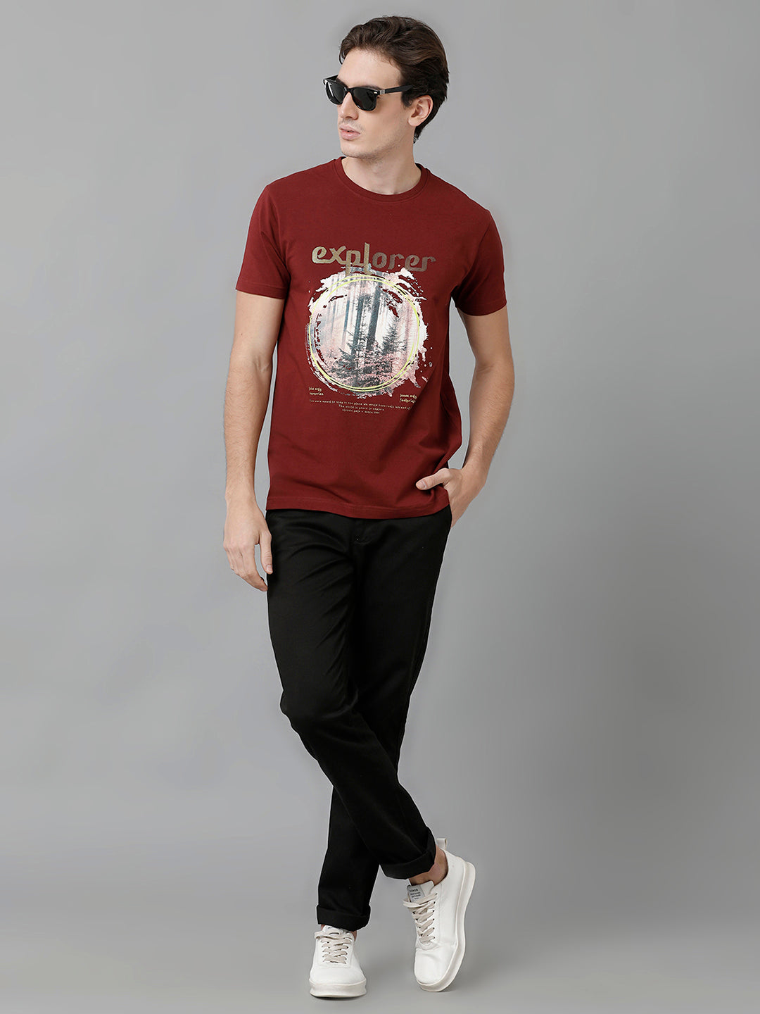 Classic Polo Men's Cotton Printed Half Sleeve Slim Fit Round Neck Maroon Color T-Shirt | Baleno - 505 B