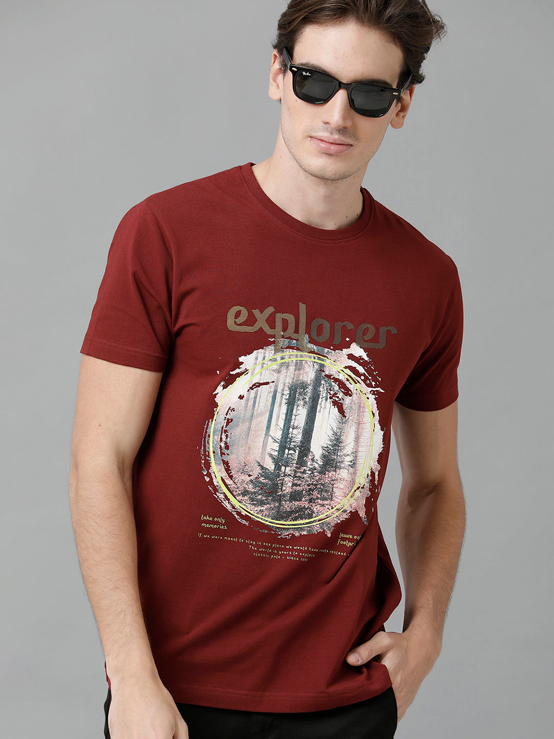 Classic Polo Men's Cotton Printed Half Sleeve Slim Fit Round Neck Maroon Color T-Shirt | Baleno - 505 B