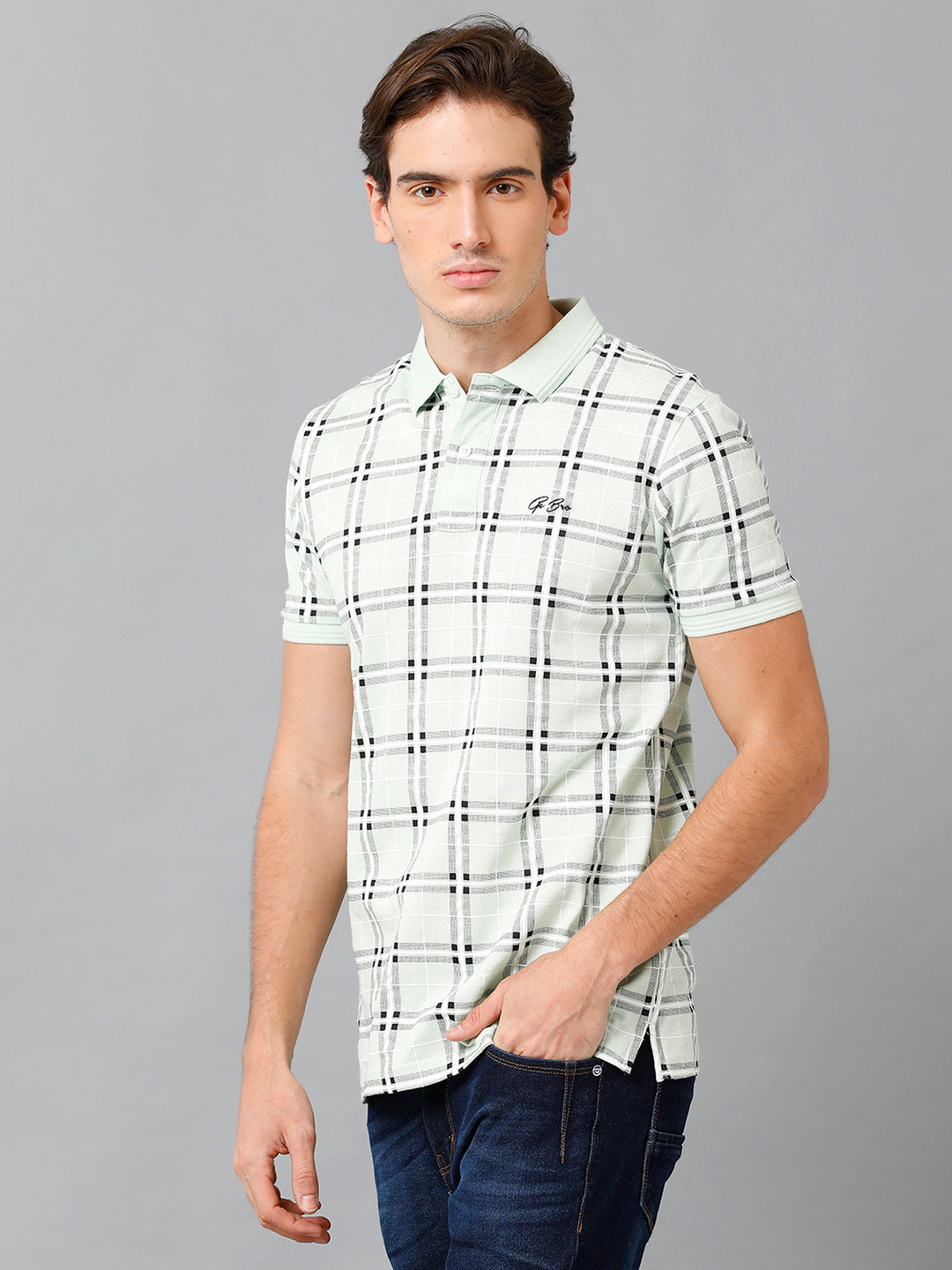 CP BRO Men's Cotton Checked Half Sleeve Slim Fit Polo Neck White Color T-Shirt | Brp - 353 B