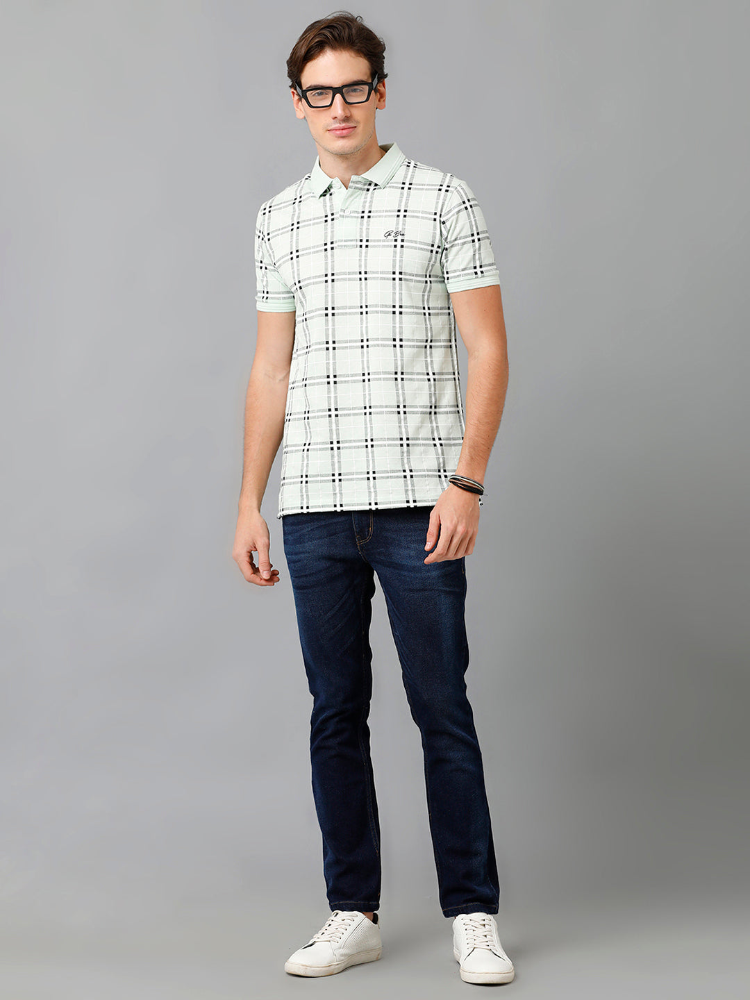 CP BRO Men's Cotton Checked Half Sleeve Slim Fit Polo Neck White Color T-Shirt | Brp - 353 B