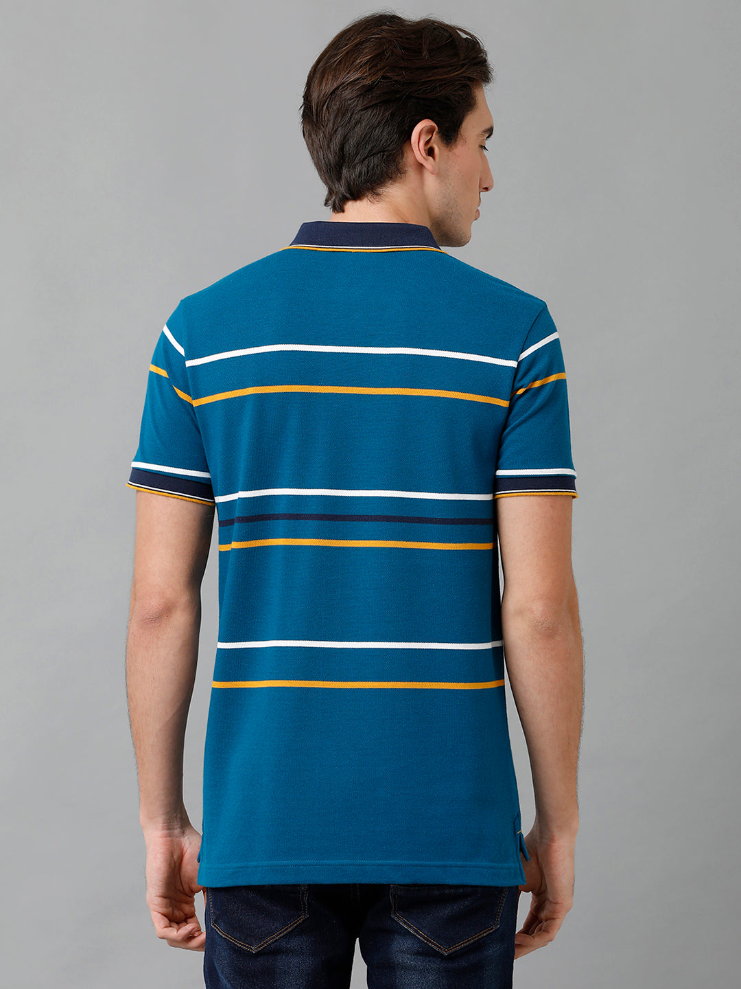 Classic Polo Men's Cotton Blend Striped Half Sleeve Slim Fit Polo Neck Blue Color T-Shirt | Adore - 193 A