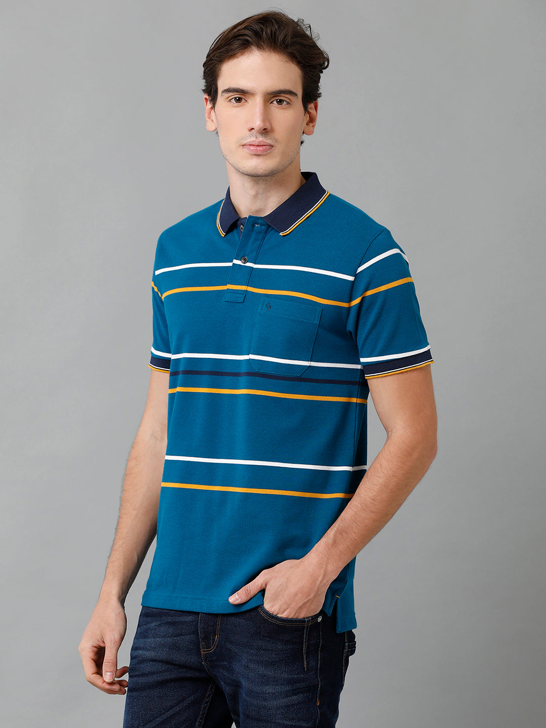 Classic Polo Men's Cotton Blend Striped Half Sleeve Slim Fit Polo Neck Blue Color T-Shirt | Adore - 193 A