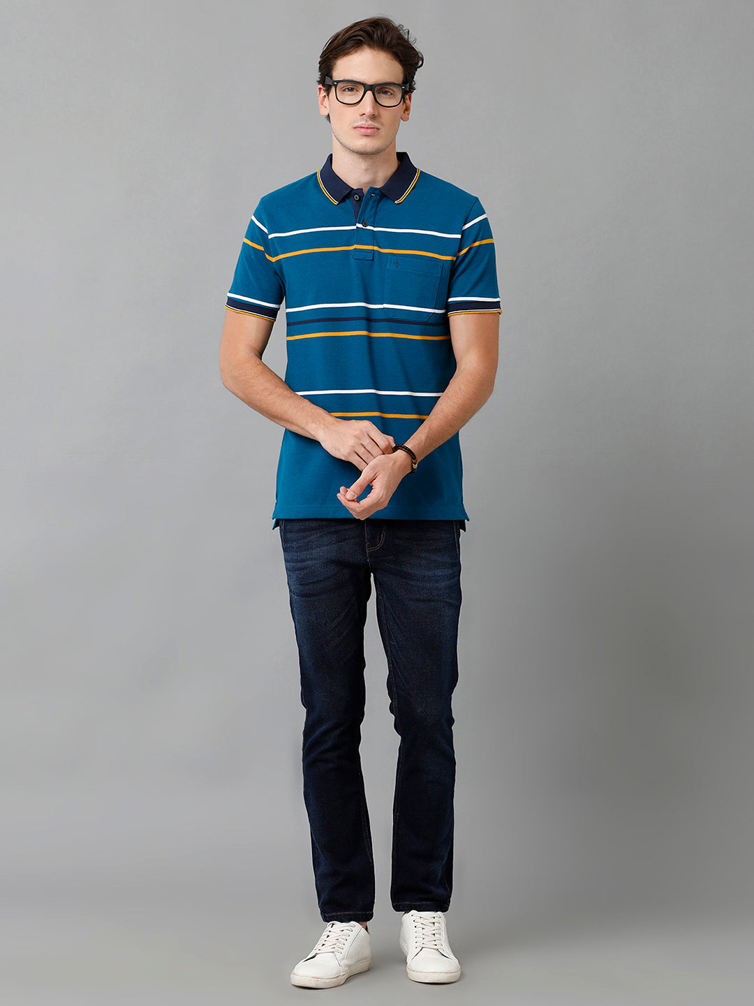 Classic Polo Men's Cotton Blend Striped Half Sleeve Slim Fit Polo Neck Blue Color T-Shirt | Adore - 193 A
