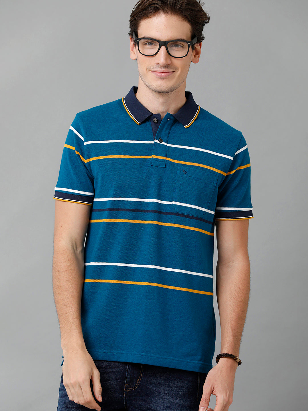 Classic Polo Men's Cotton Blend Striped Half Sleeve Slim Fit Polo Neck Blue Color T-Shirt | Adore - 193 A