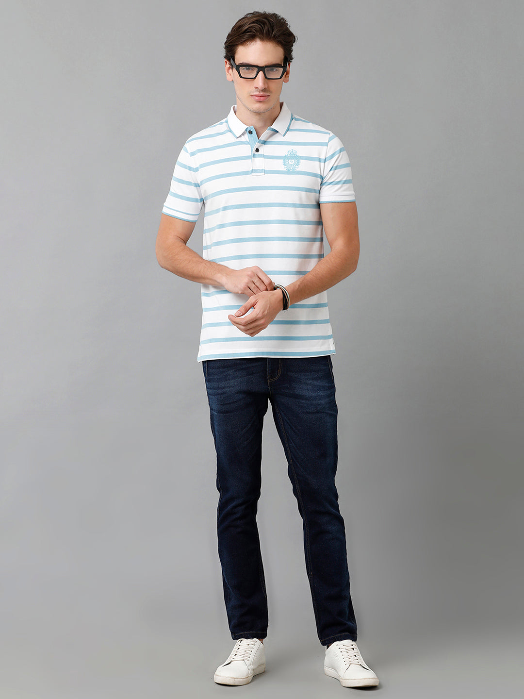 Classic Polo Men's Cotton Striped Half Sleeve Slim Fit Polo Neck White Color T-Shirt | Cpeg - 292 B