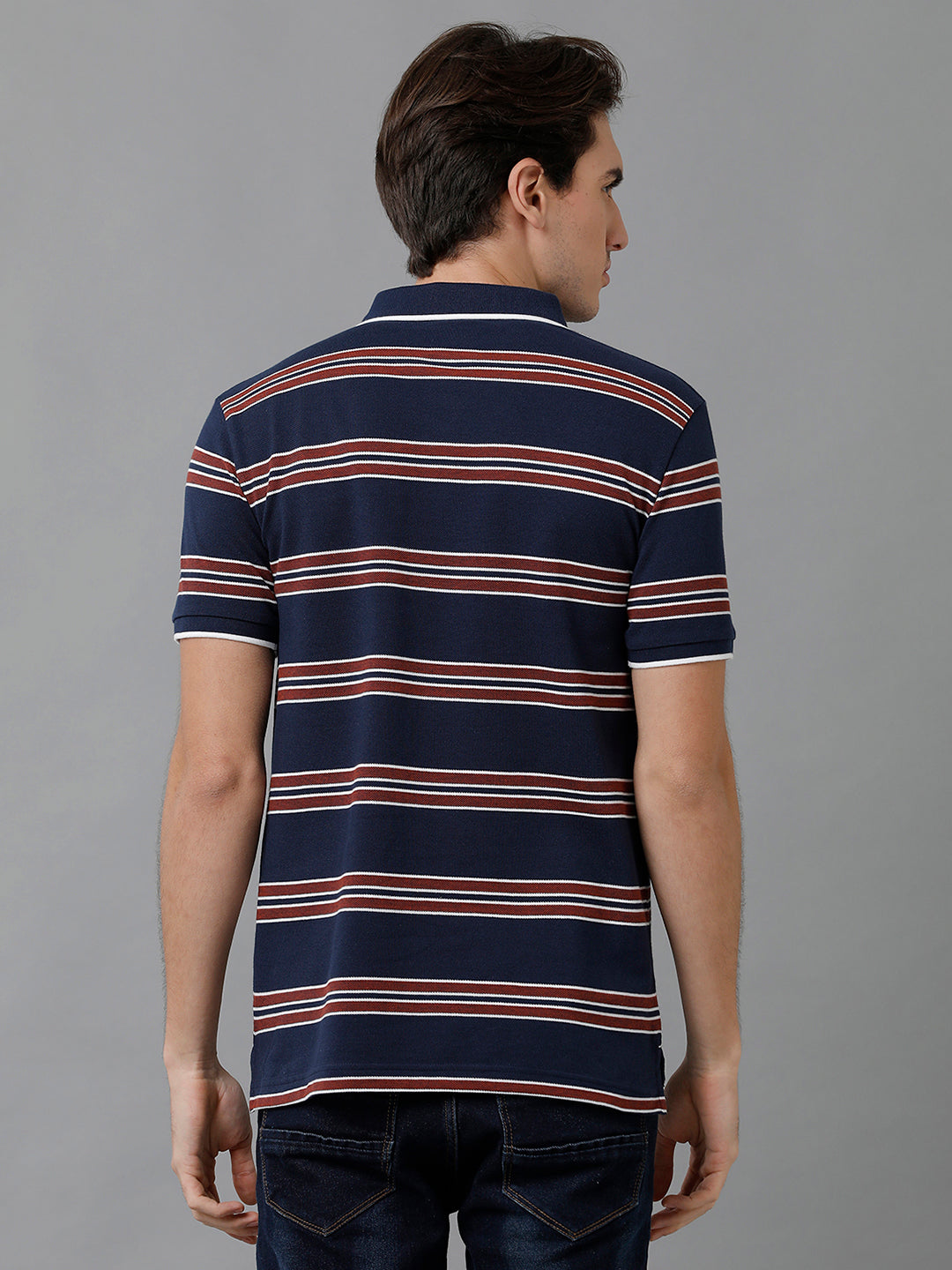 Classic Polo Men's Cotton Blend Striped Half Sleeve Slim Fit Polo Neck Dark Blue Color T-Shirt | Adore - 195 B