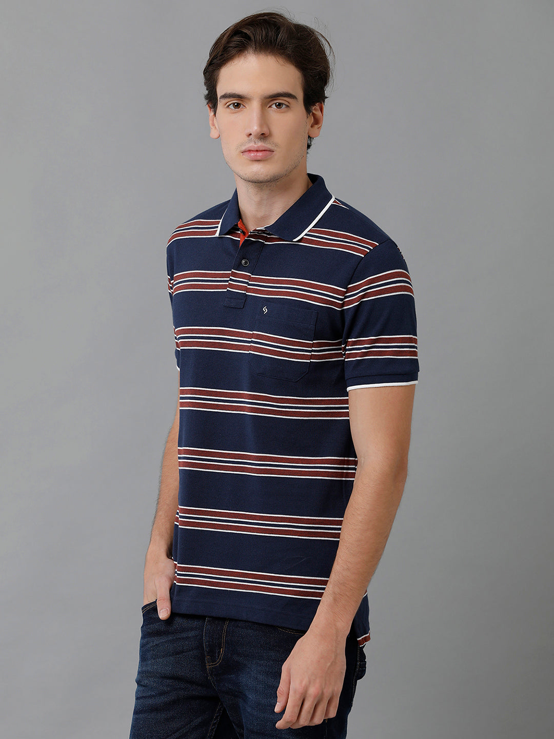 Classic Polo Men's Cotton Blend Striped Half Sleeve Slim Fit Polo Neck Dark Blue Color T-Shirt | Adore - 195 B