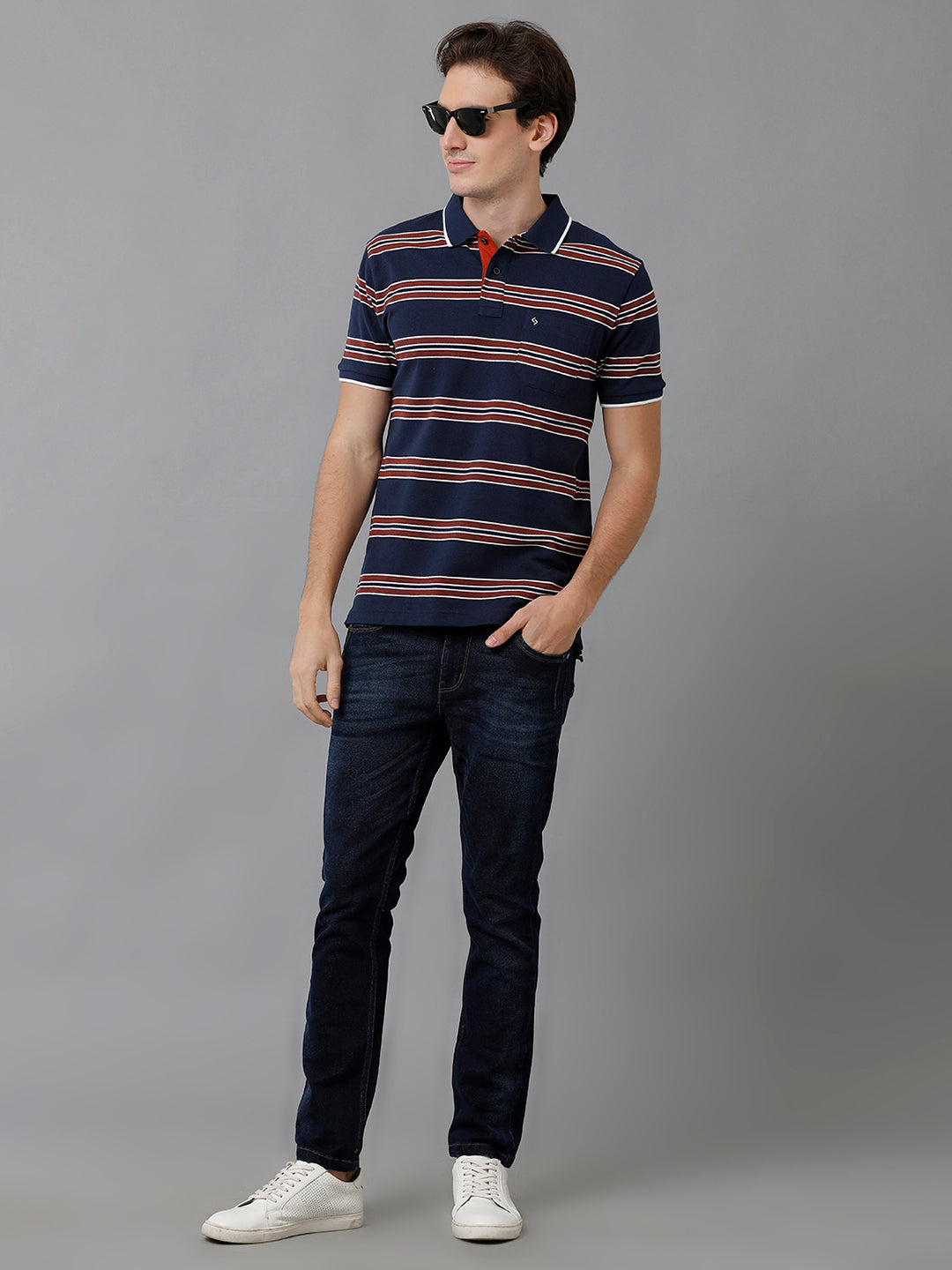 Classic Polo Men's Cotton Blend Striped Half Sleeve Slim Fit Polo Neck Dark Blue Color T-Shirt | Adore - 195 B