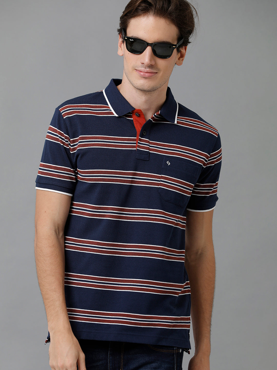 Classic Polo Men's Cotton Blend Striped Half Sleeve Slim Fit Polo Neck Dark Blue Color T-Shirt | Adore - 195 B